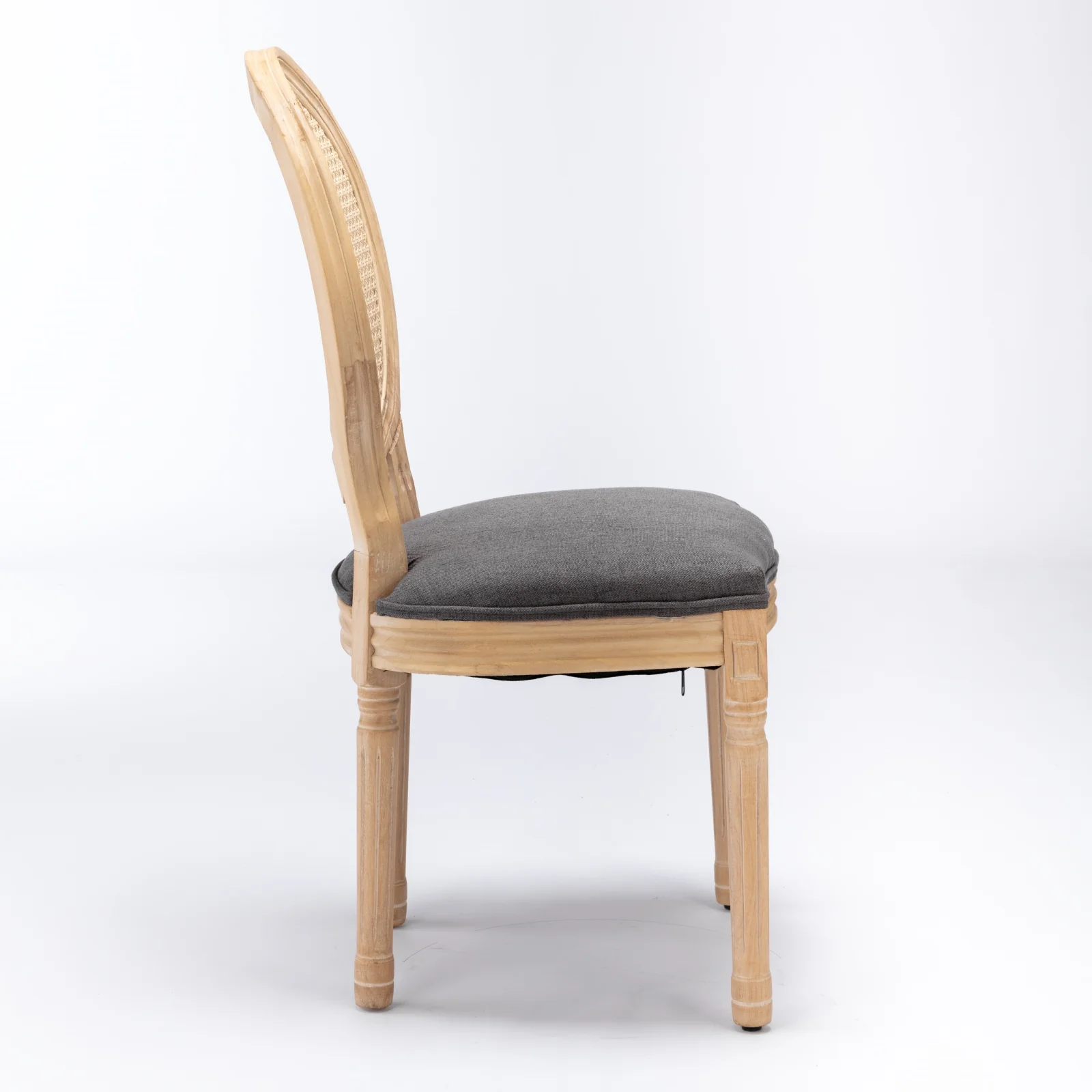 French Style Dining Chair Set of 2 Rattan Back Solid Wood - Gray Linen - Image 4