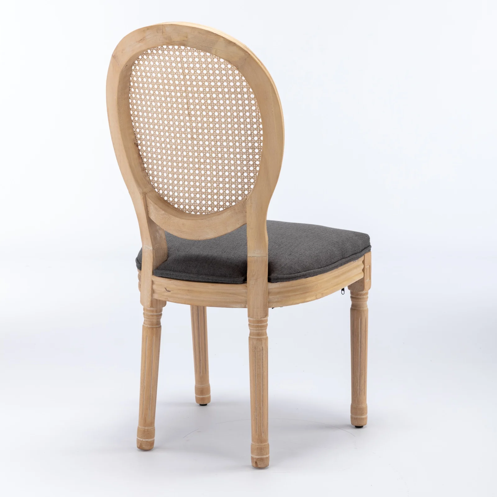 French Style Dining Chair Set of 2 Rattan Back Solid Wood - Gray Linen - Image 5