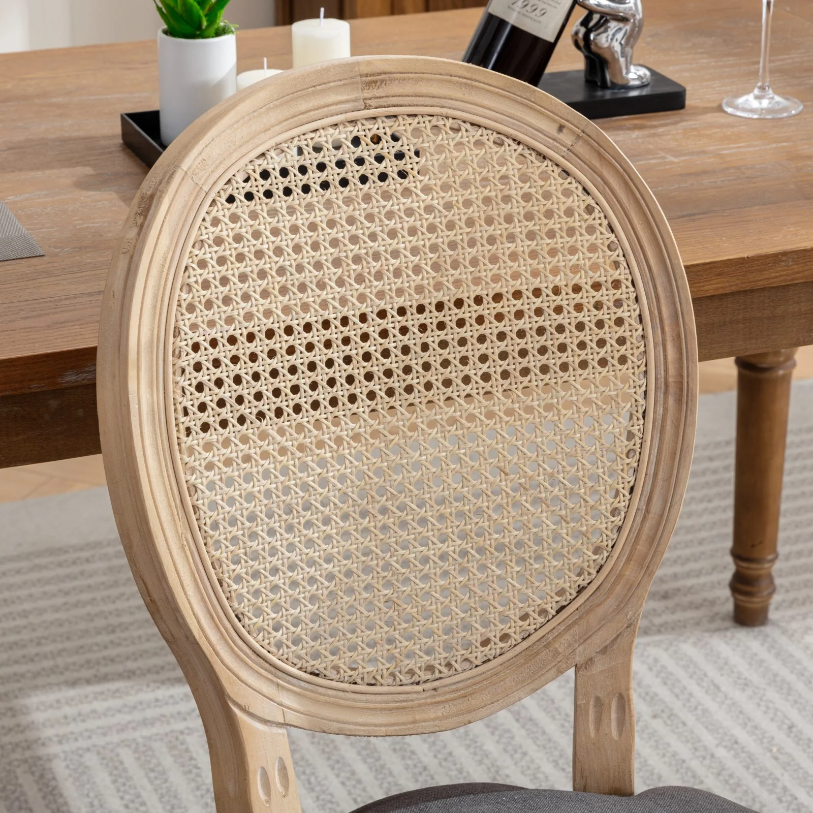 French Style Dining Chair Set of 2 Rattan Back Solid Wood - Gray Linen - Image 8
