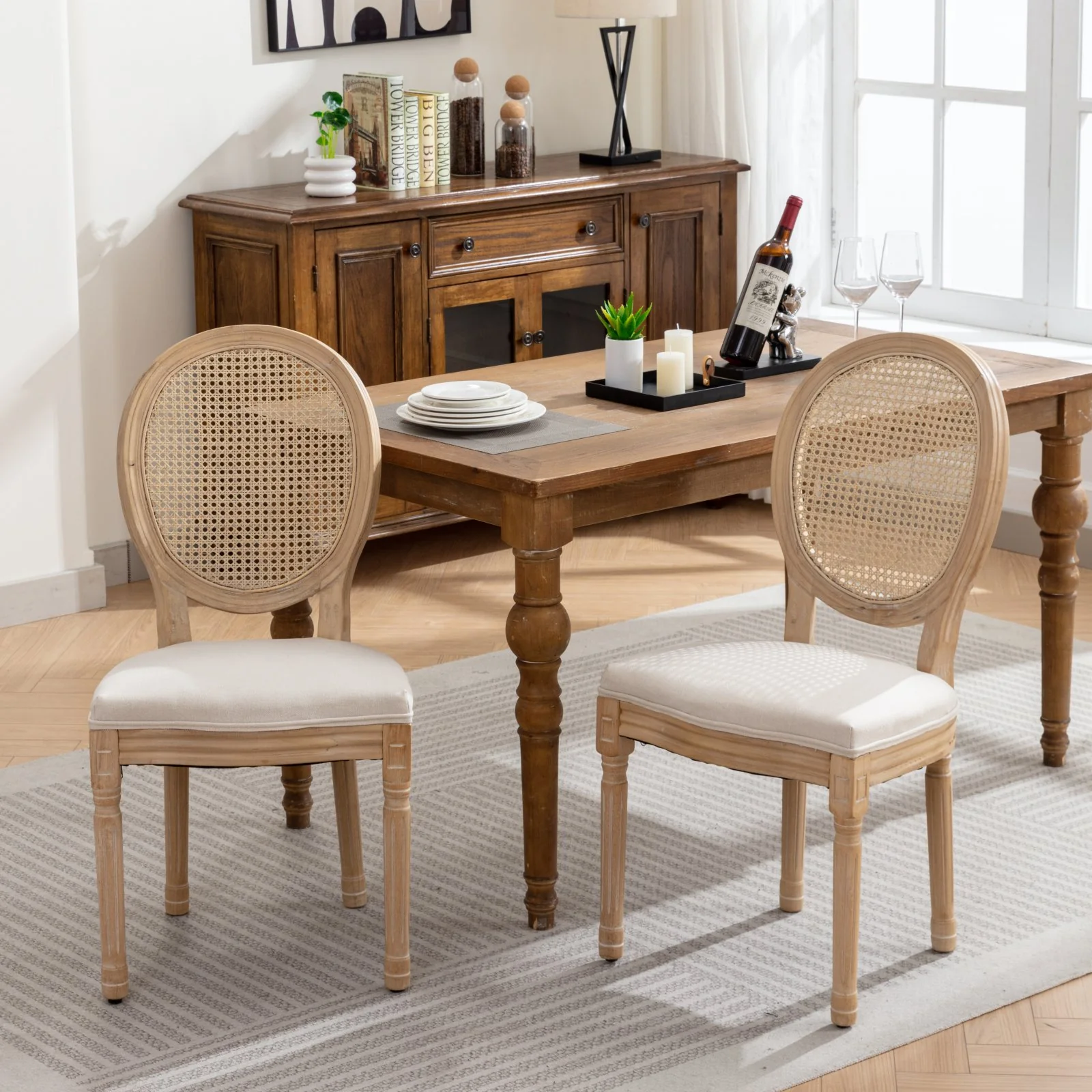 French Style Dining Chair Solid Wood Rattan Back Linen Set of 2 - Cream Beige