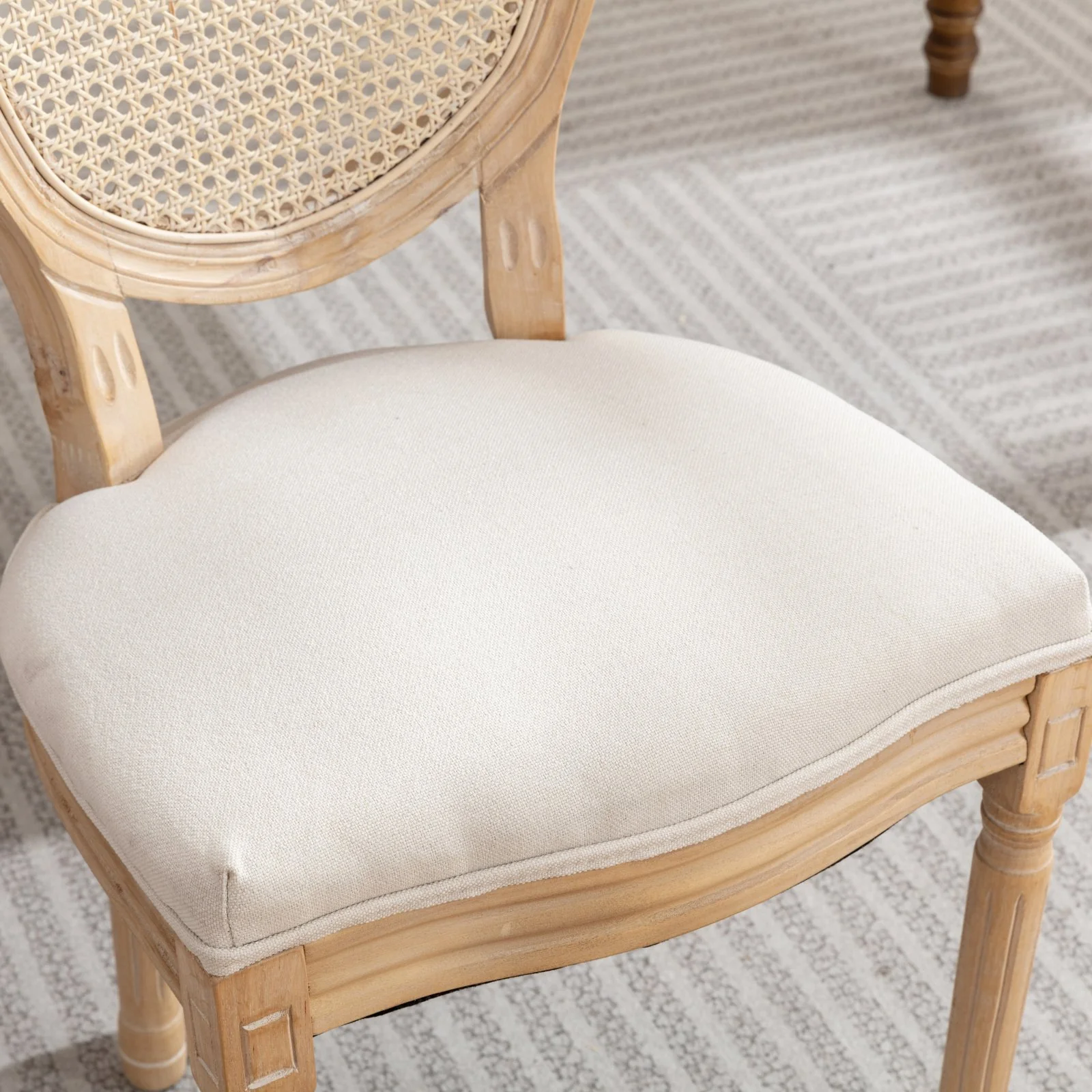 French Style Dining Chair Solid Wood Rattan Back Linen Set of 2 - Cream Beige - Image 10