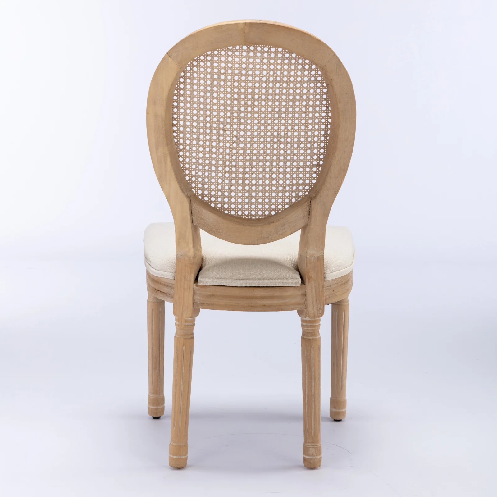 French Style Dining Chair Solid Wood Rattan Back Linen Set of 2 - Cream Beige - Image 6