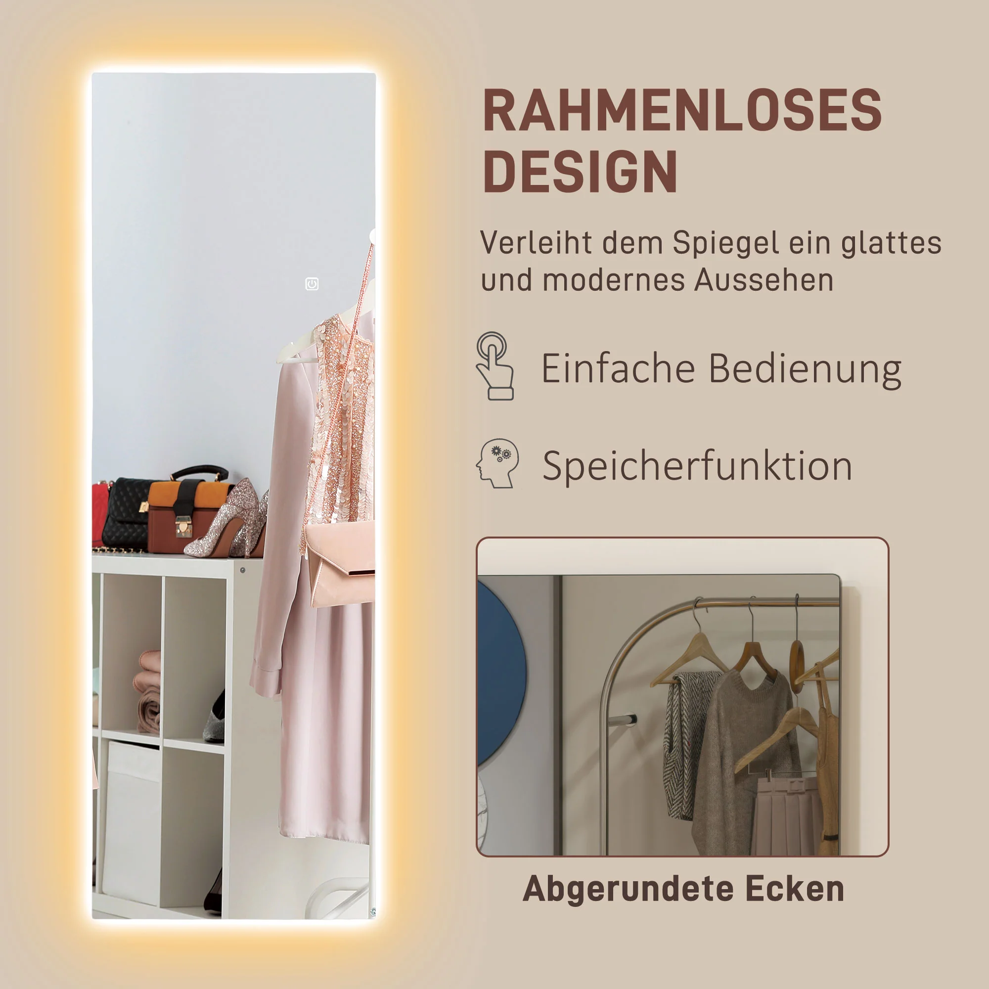 Full-Length Mirror 40x120cm Standing LED Touch Control Frameless - Image 6