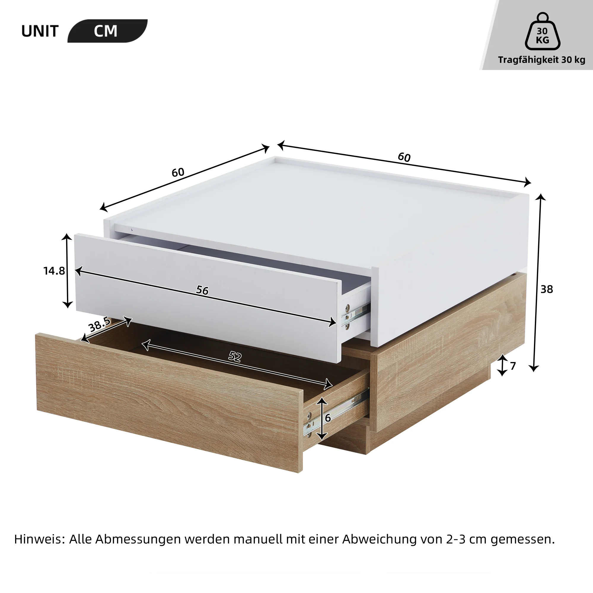 Functional coffee table, 360° rotatable with 2 levels storage, walnut frame white - Image 10