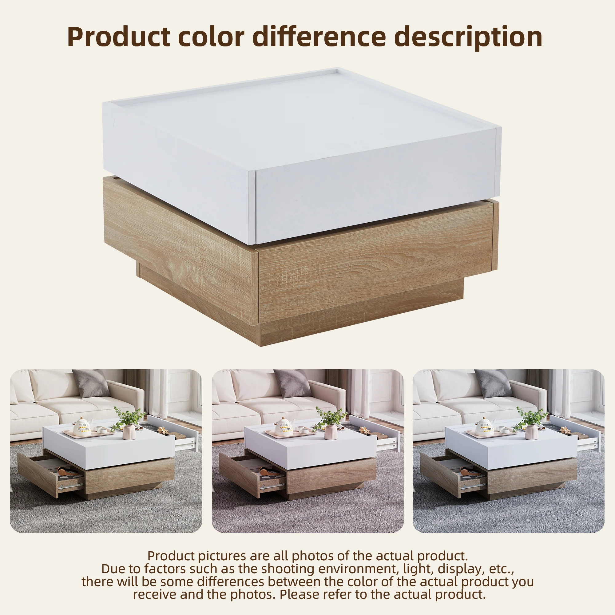 Functional coffee table, 360° rotatable with 2 levels storage, walnut frame white - Image 11
