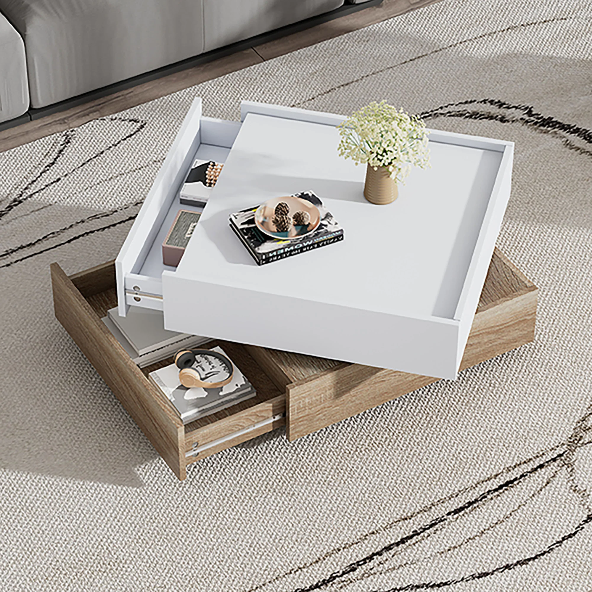 Functional coffee table, 360° rotatable with 2 levels storage, walnut frame white - Image 2
