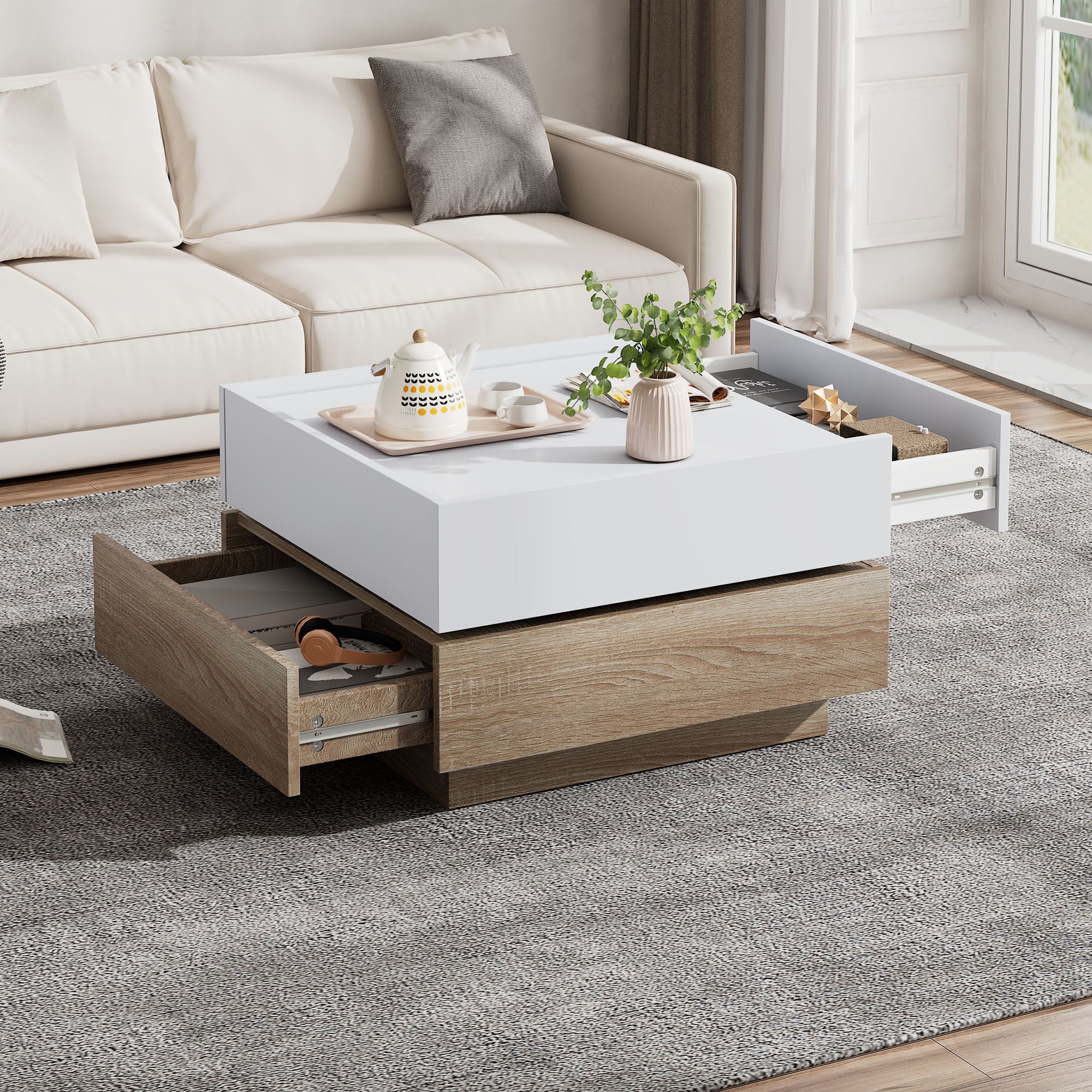 Functional coffee table, 360° rotatable with 2 levels storage, walnut frame white - Image 5