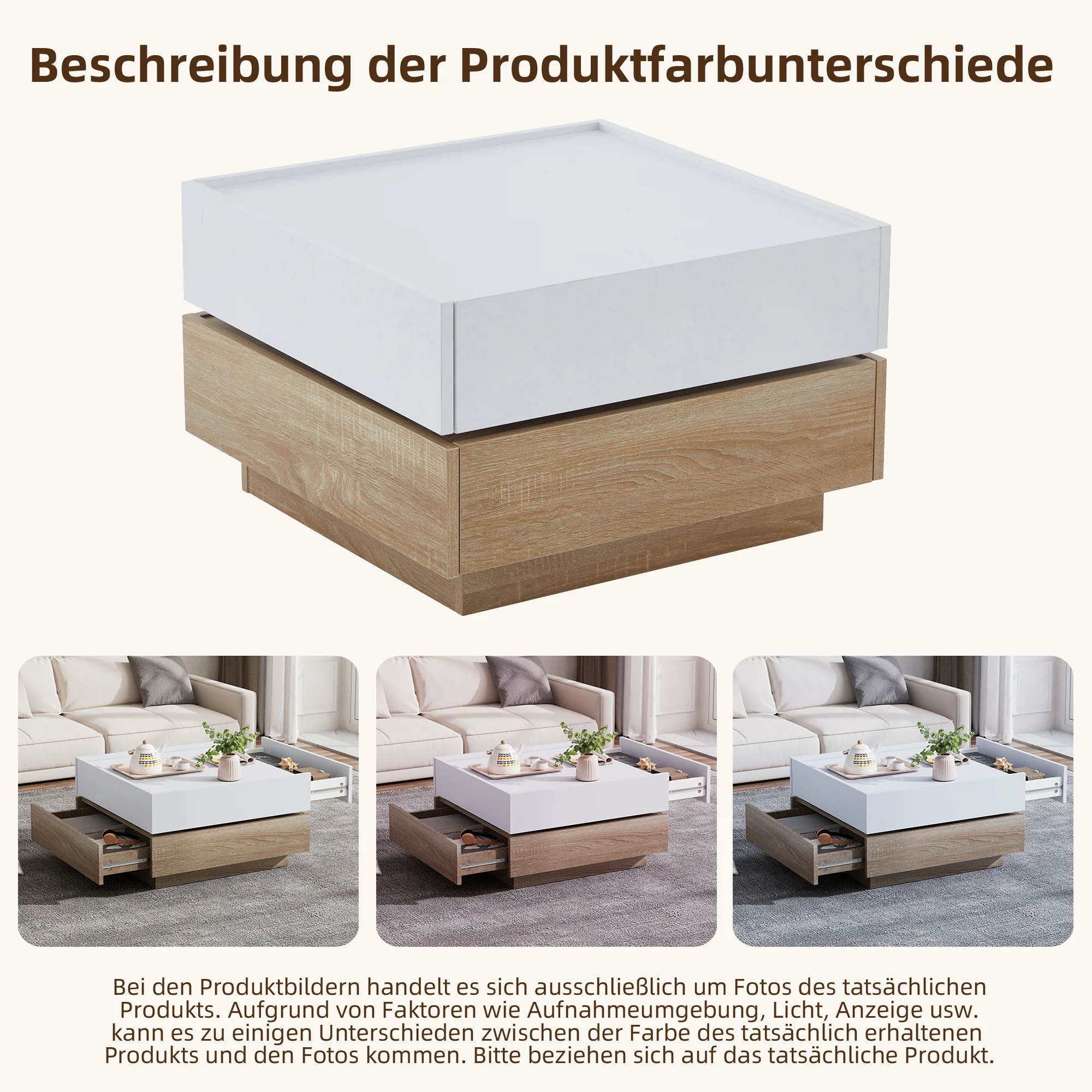 Functional coffee table, 360° rotatable with 2 levels storage, walnut frame white - Image 7