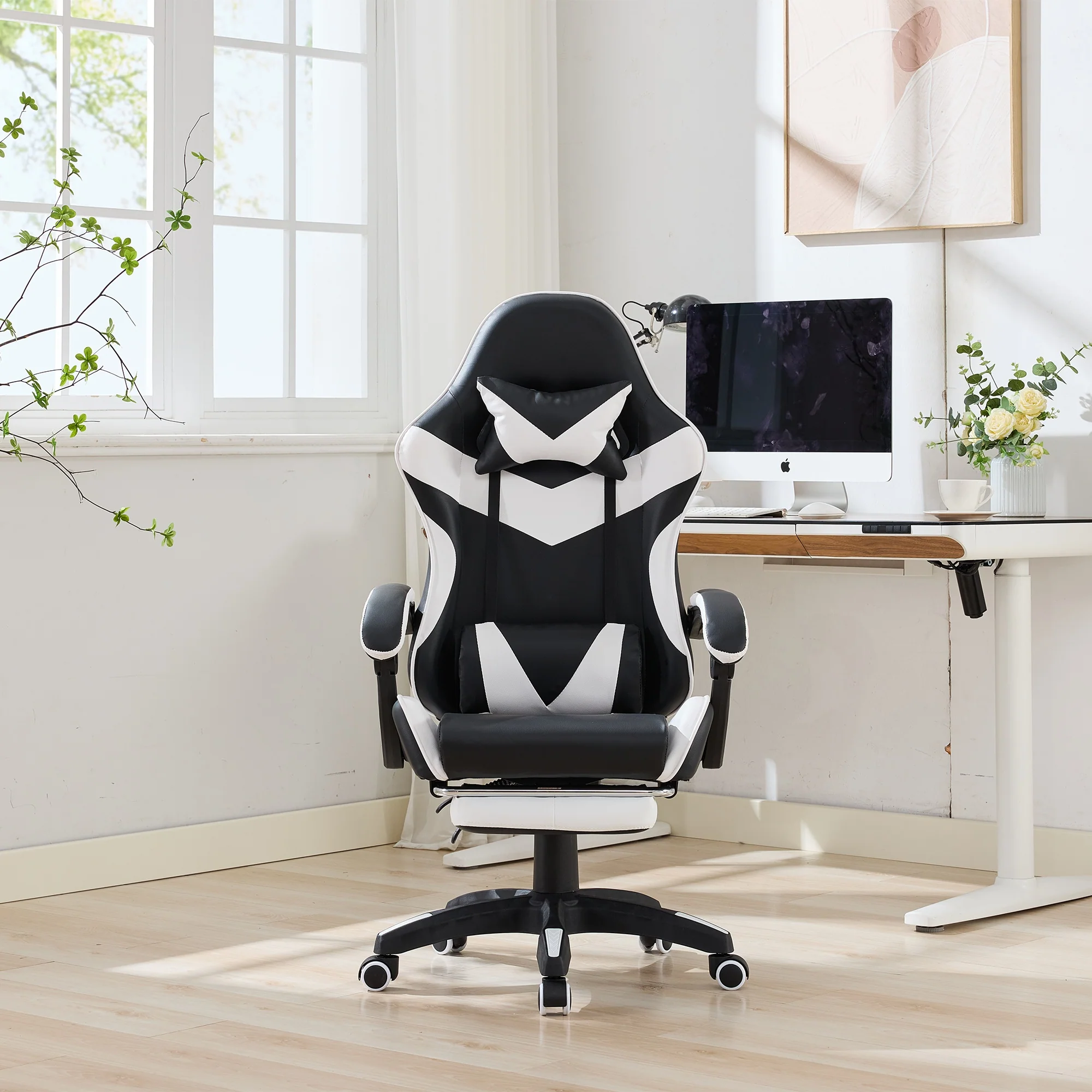 Gaming Chair 360° Swivel Ergonomic Racing High-Back Adjustable Footrest Headrest Lumbar Support - Black & White Leather - Image 10