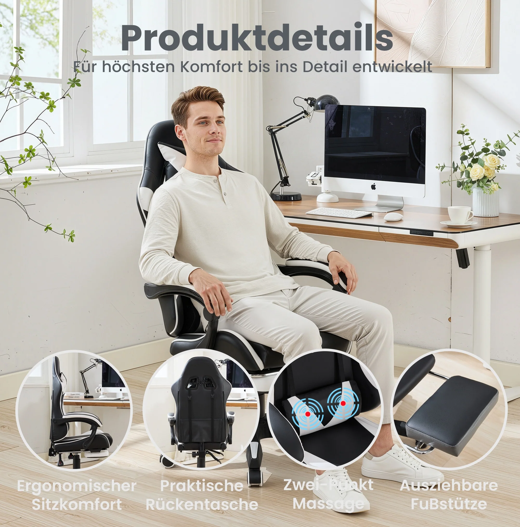 Gaming Chair 360° Swivel Ergonomic Racing High-Back Adjustable Footrest Headrest Lumbar Support - Black & White Leather - Image 2