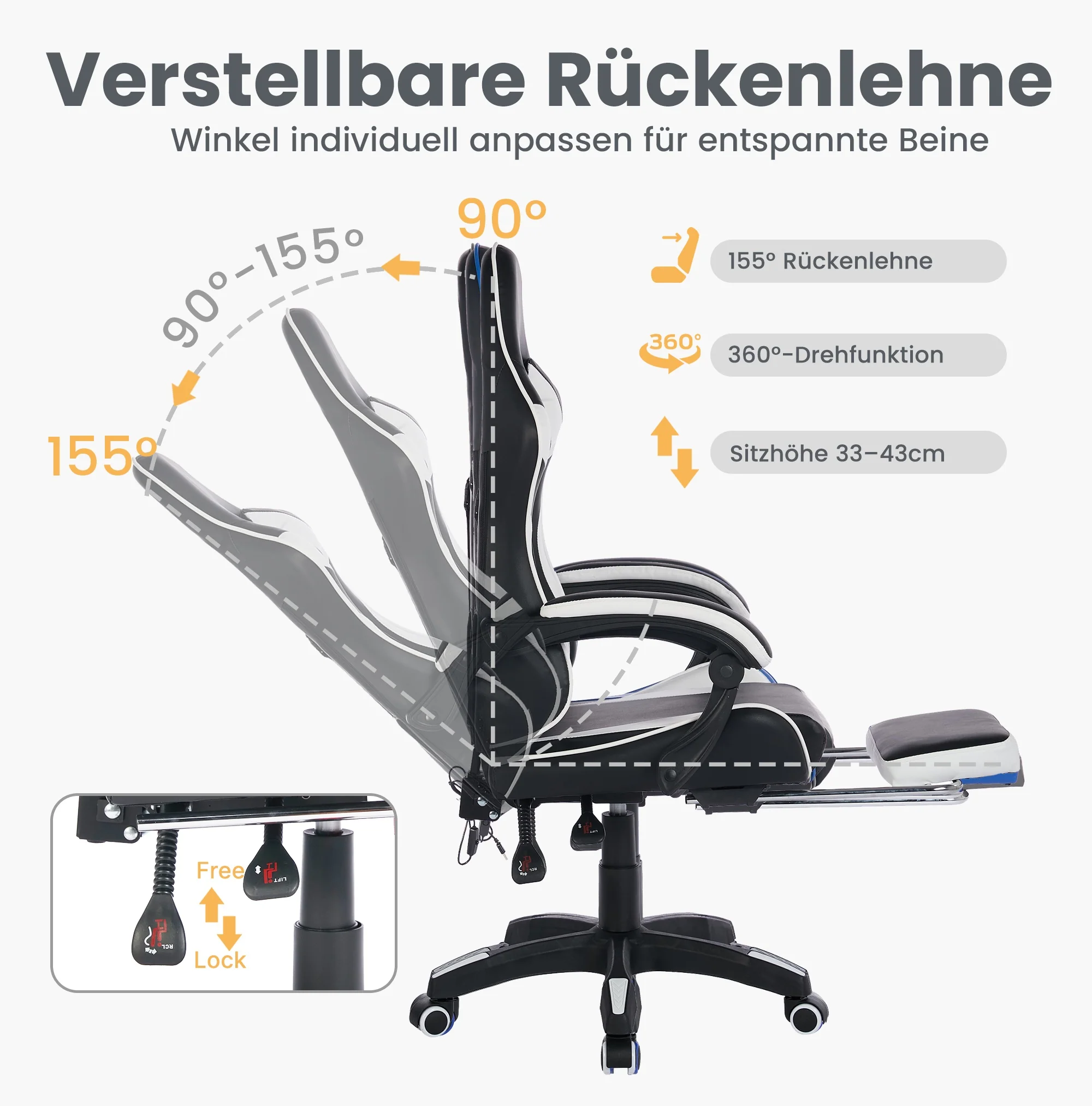 Gaming Chair 360° Swivel Ergonomic Racing High-Back Adjustable Footrest Headrest Lumbar Support - Black & White Leather - Image 3
