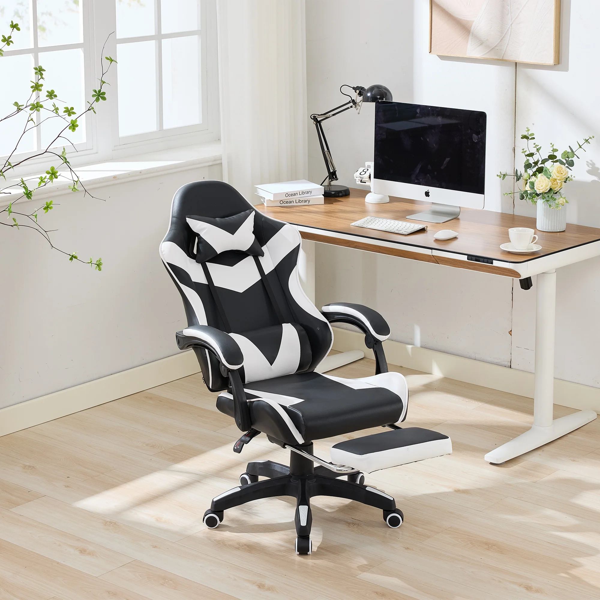 Gaming Chair 360° Swivel Ergonomic Racing High-Back Adjustable Footrest Headrest Lumbar Support - Black & White Leather - Image 6