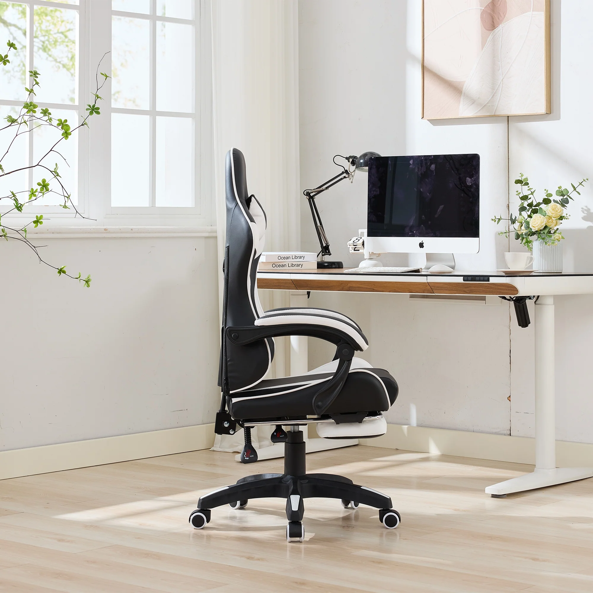 Gaming Chair 360° Swivel Ergonomic Racing High-Back Adjustable Footrest Headrest Lumbar Support - Black & White Leather - Image 7