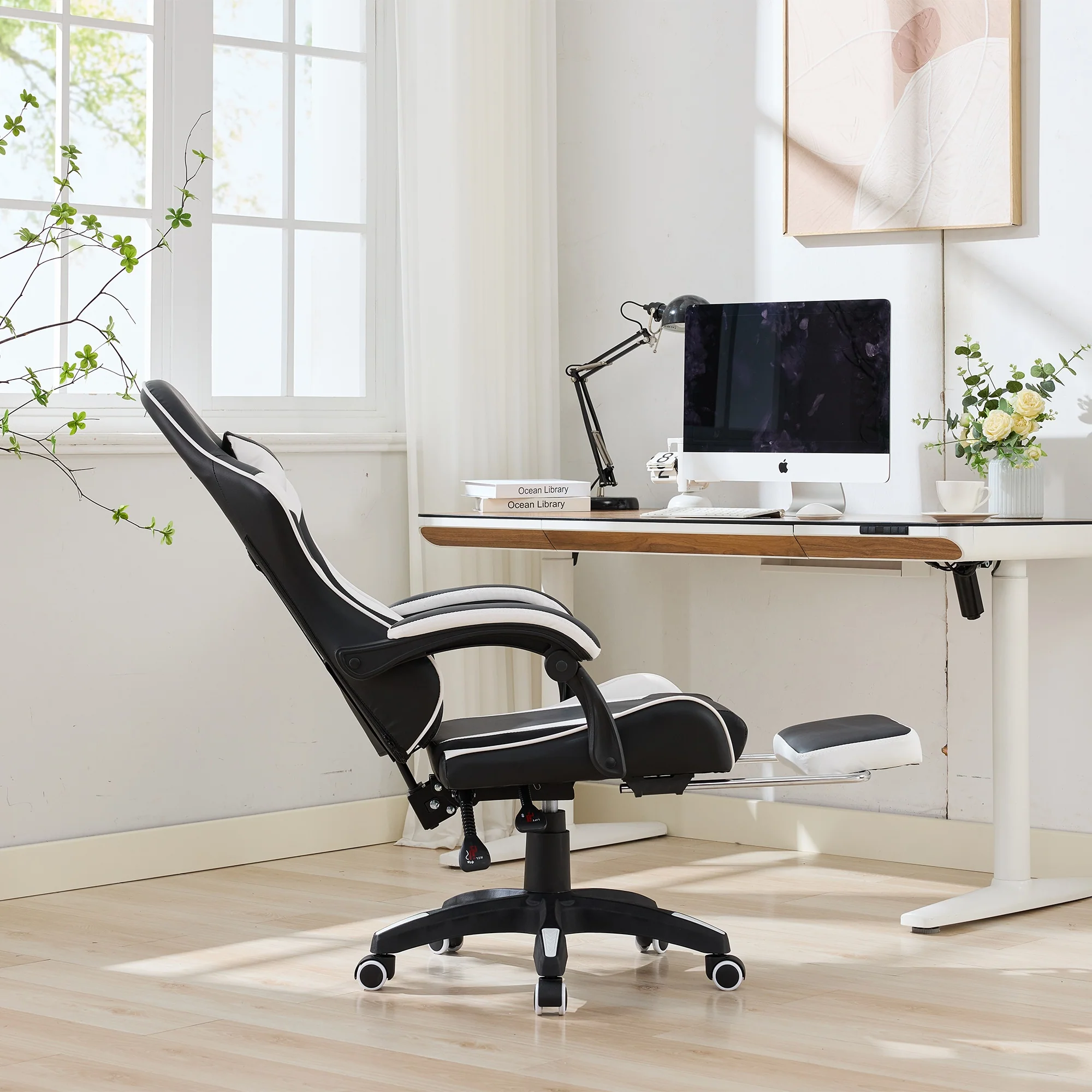 Gaming Chair 360° Swivel Ergonomic Racing High-Back Adjustable Footrest Headrest Lumbar Support - Black & White Leather - Image 8