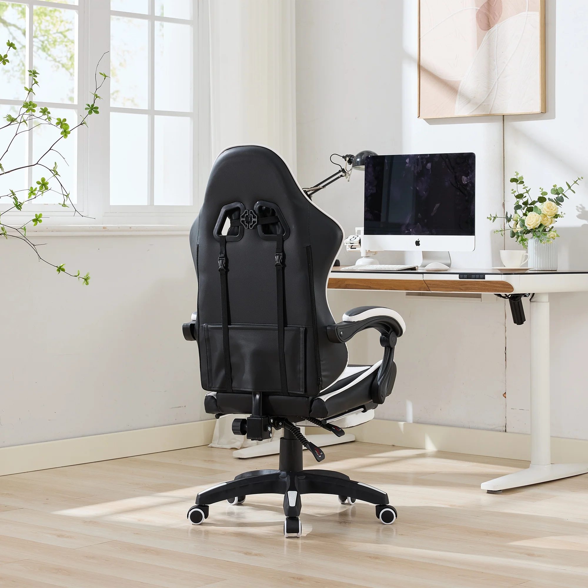 Gaming Chair 360° Swivel Ergonomic Racing High-Back Adjustable Footrest Headrest Lumbar Support - Black & White Leather - Image 9