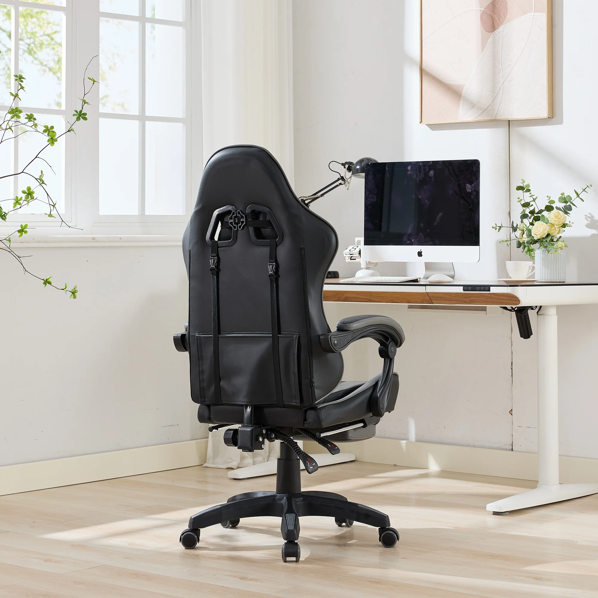 Gaming Chair Ergonomic Racing Design High-Back Adjustable Footrest & Lumbar Support Leather - Black & Grey - Image 10