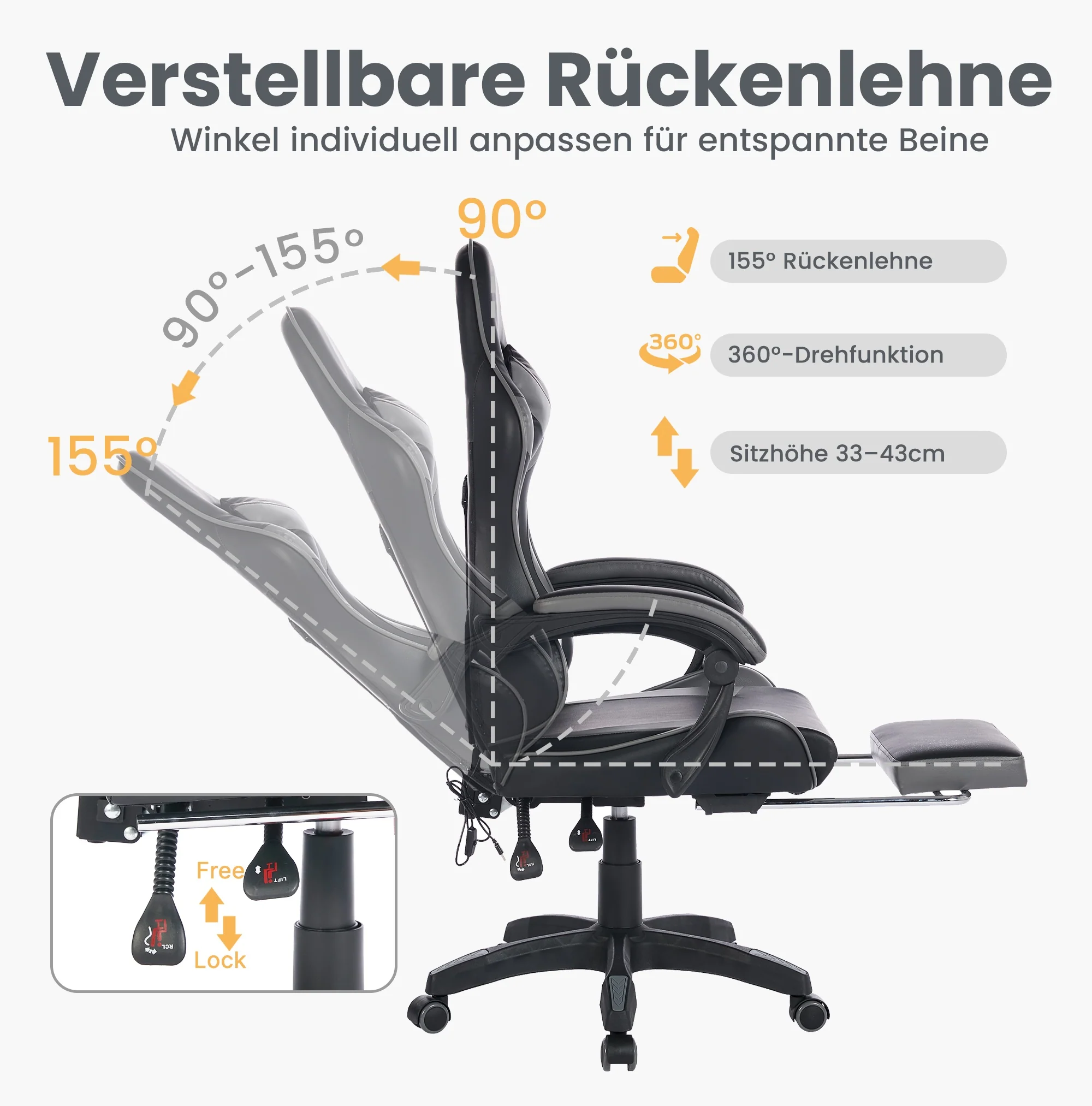 Gaming Chair Ergonomic Racing Design High-Back Adjustable Footrest & Lumbar Support Leather - Black & Grey - Image 3