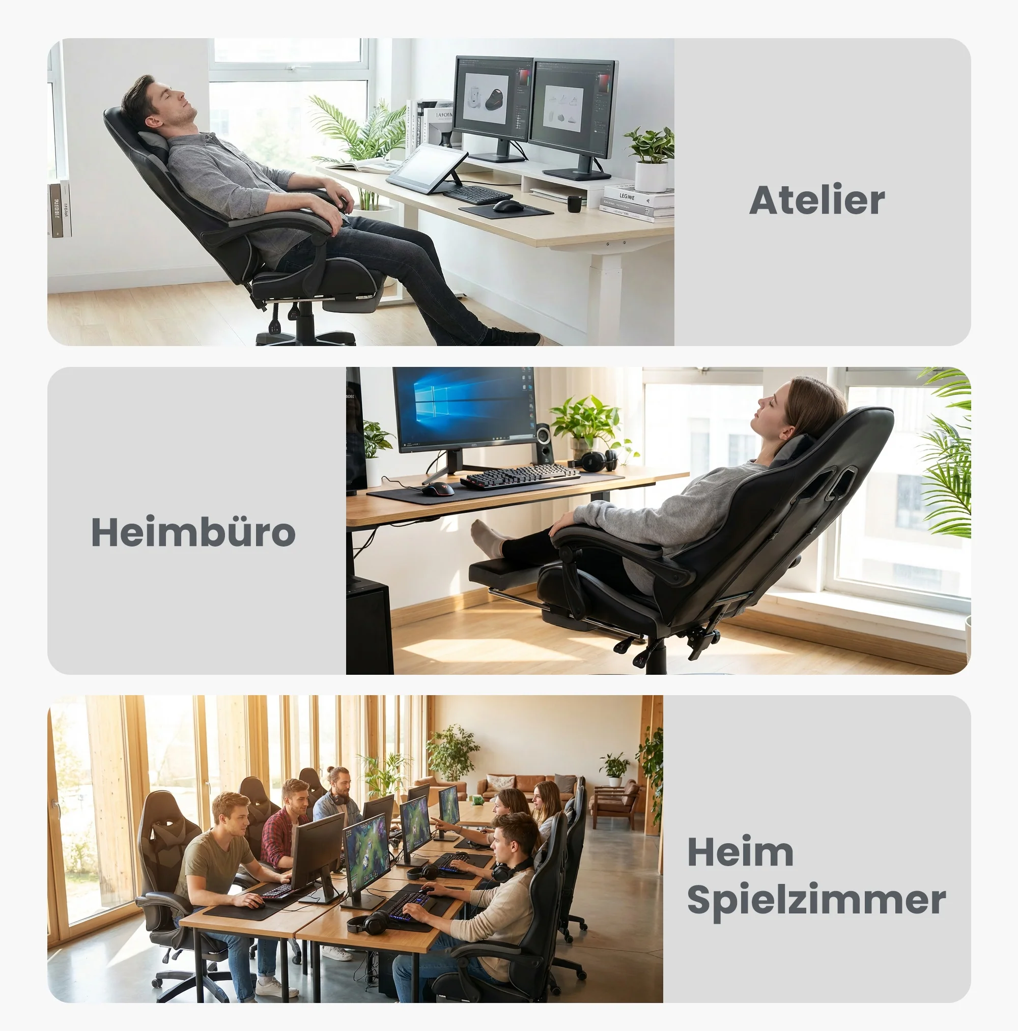 Gaming Chair Ergonomic Racing Design High-Back Adjustable Footrest & Lumbar Support Leather - Black & Grey - Image 4