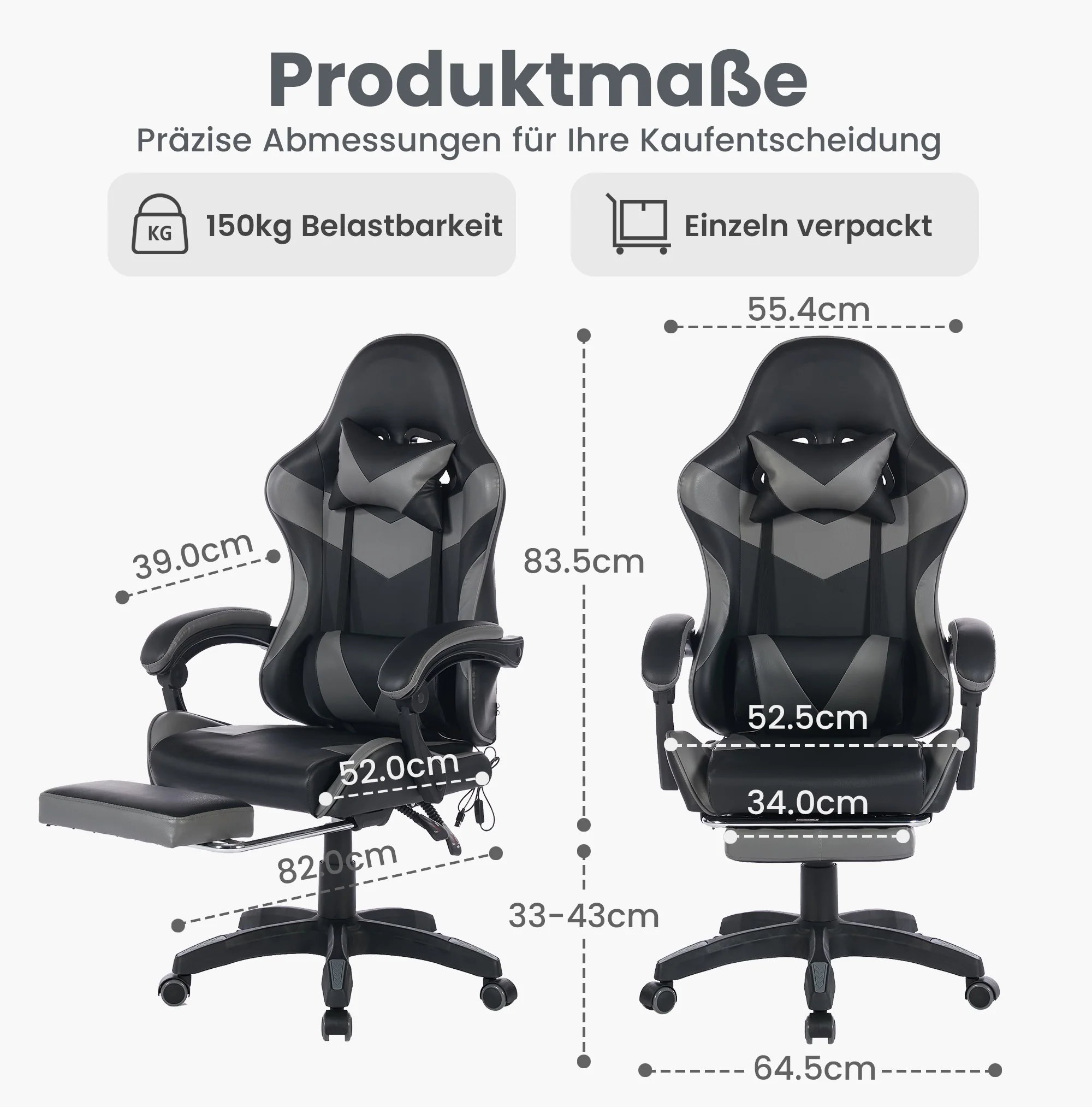 Gaming Chair Ergonomic Racing Design High-Back Adjustable Footrest & Lumbar Support Leather - Black & Grey - Image 5
