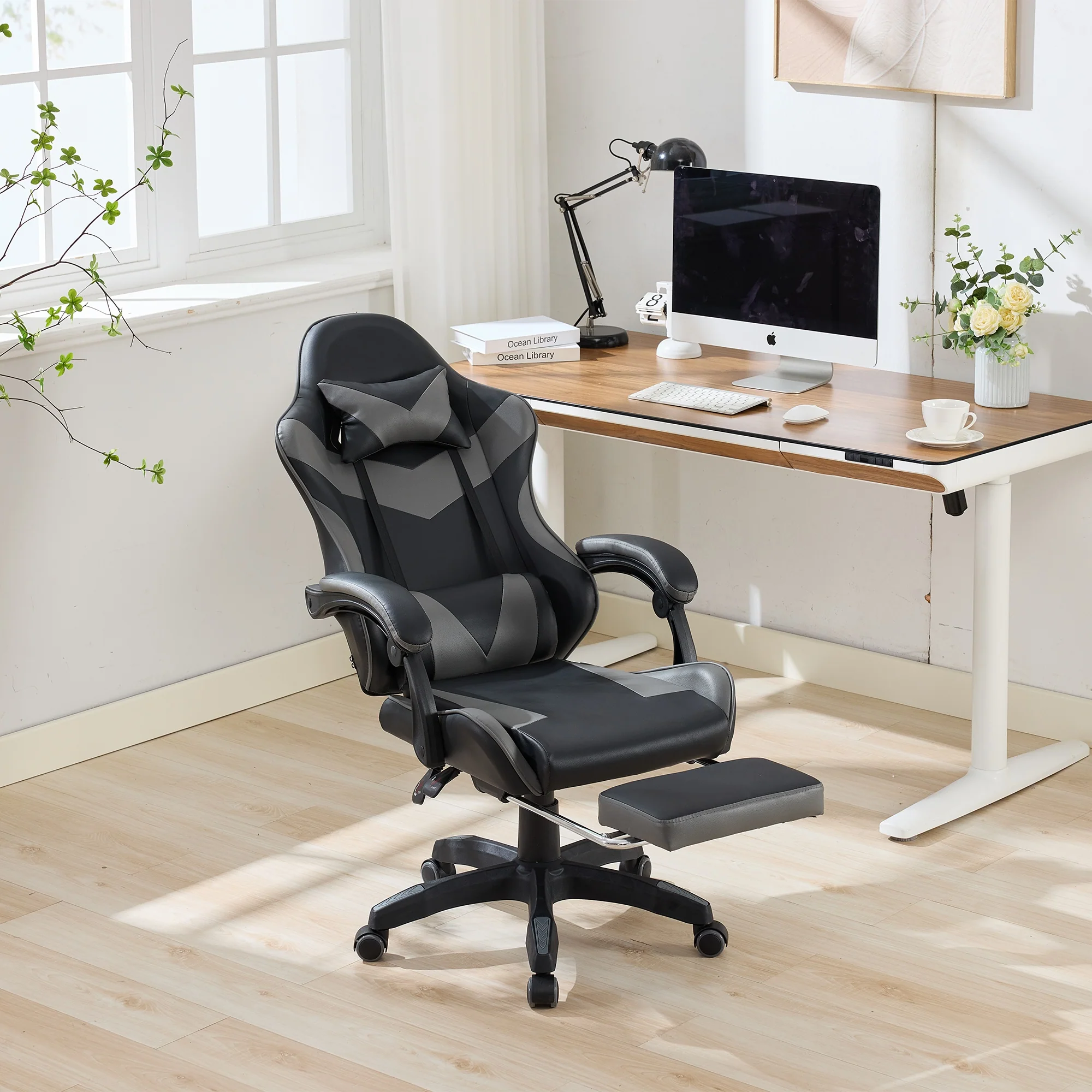 Gaming Chair Ergonomic Racing Design High-Back Adjustable Footrest & Lumbar Support Leather - Black & Grey - Image 7