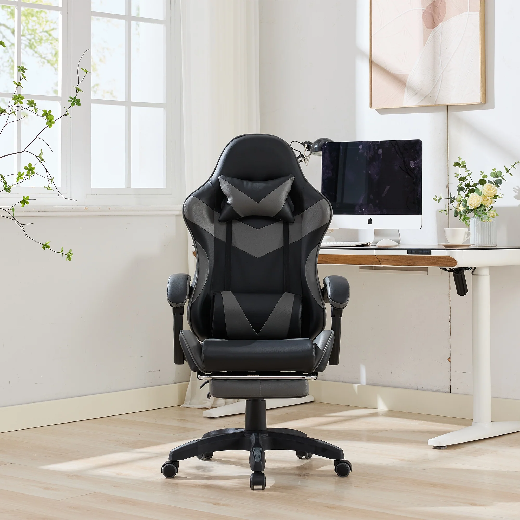 Gaming Chair Ergonomic Racing Design High-Back Adjustable Footrest & Lumbar Support Leather - Black & Grey - Image 8