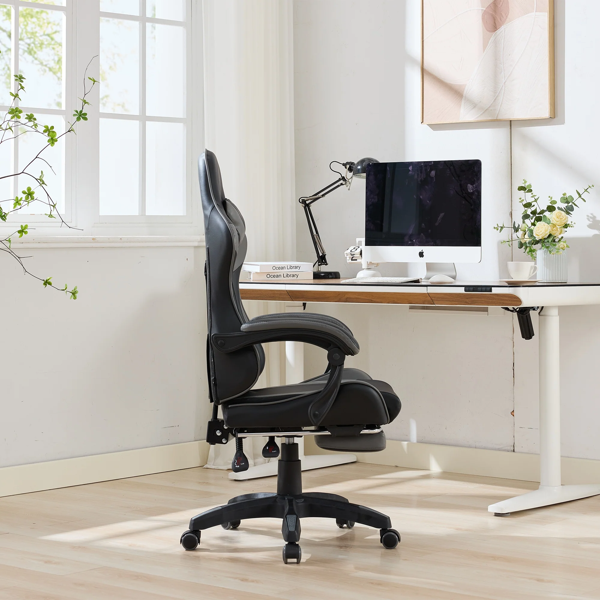 Gaming Chair Ergonomic Racing Design High-Back Adjustable Footrest & Lumbar Support Leather - Black & Grey - Image 9