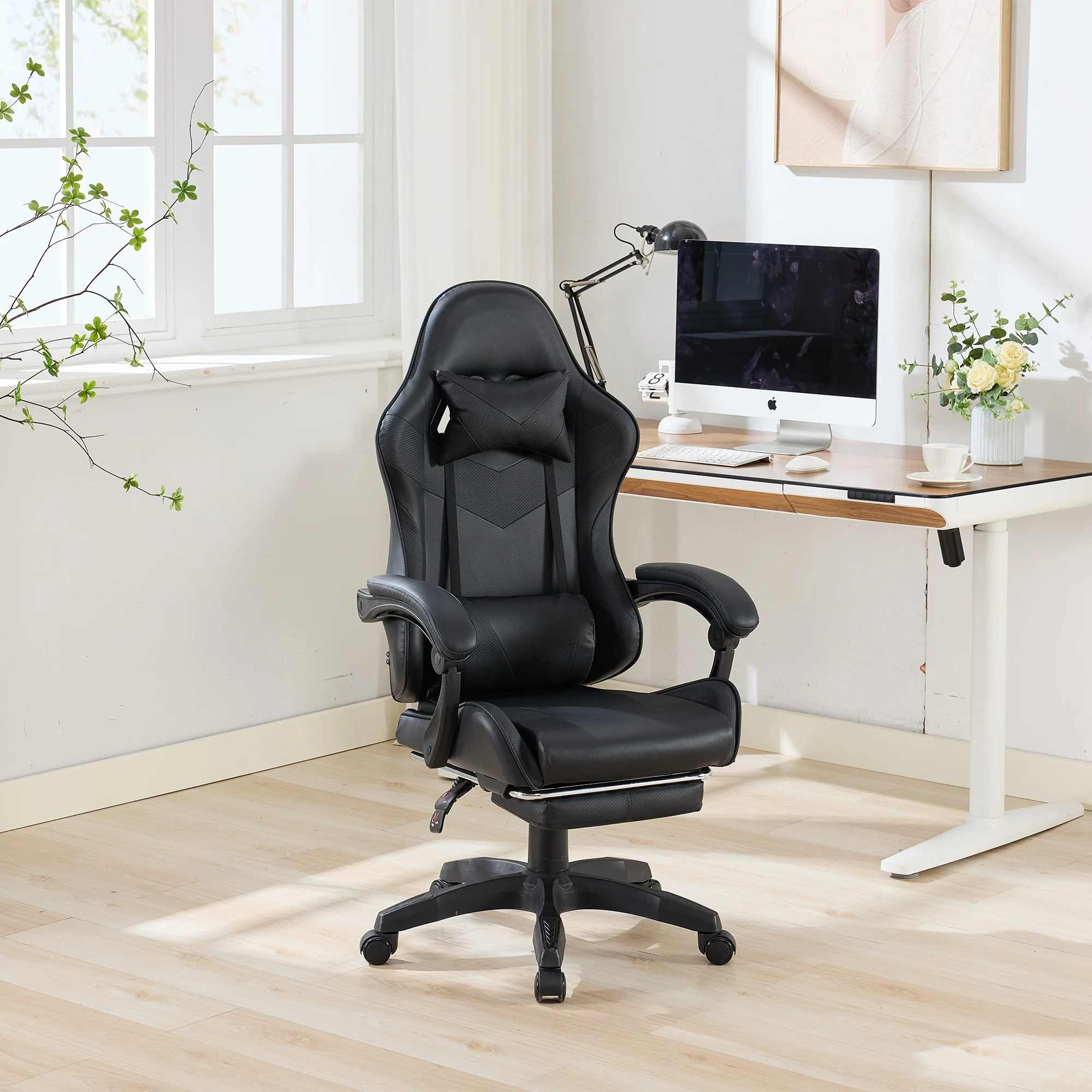 Gaming Chair Ergonomic Racing High-Back Swivel Adjustable Footrest Headrest Lumbar Support Leather Black
