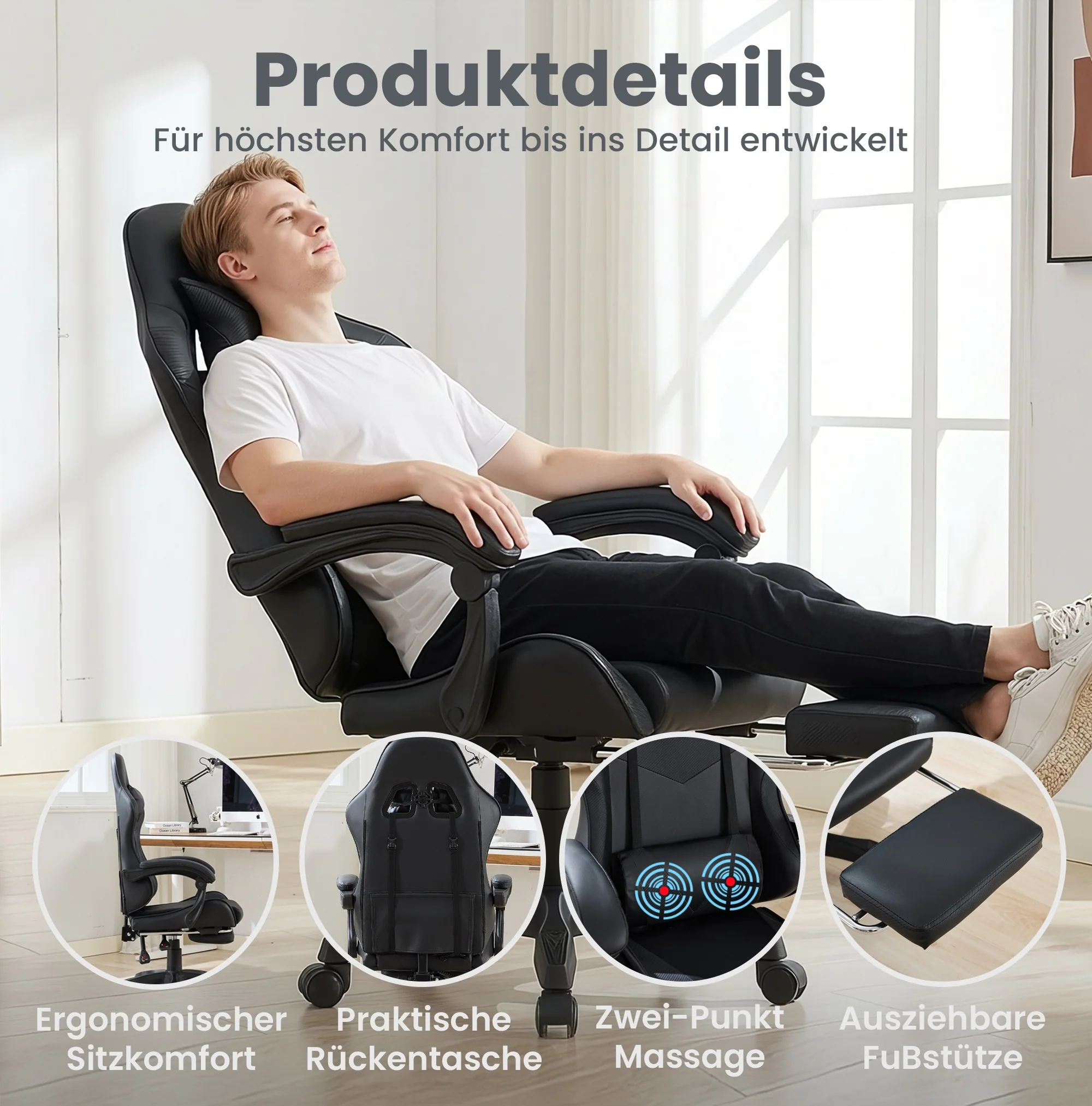 Gaming Chair Ergonomic Racing High-Back Swivel Adjustable Footrest Headrest Lumbar Support Leather Black - Image 2