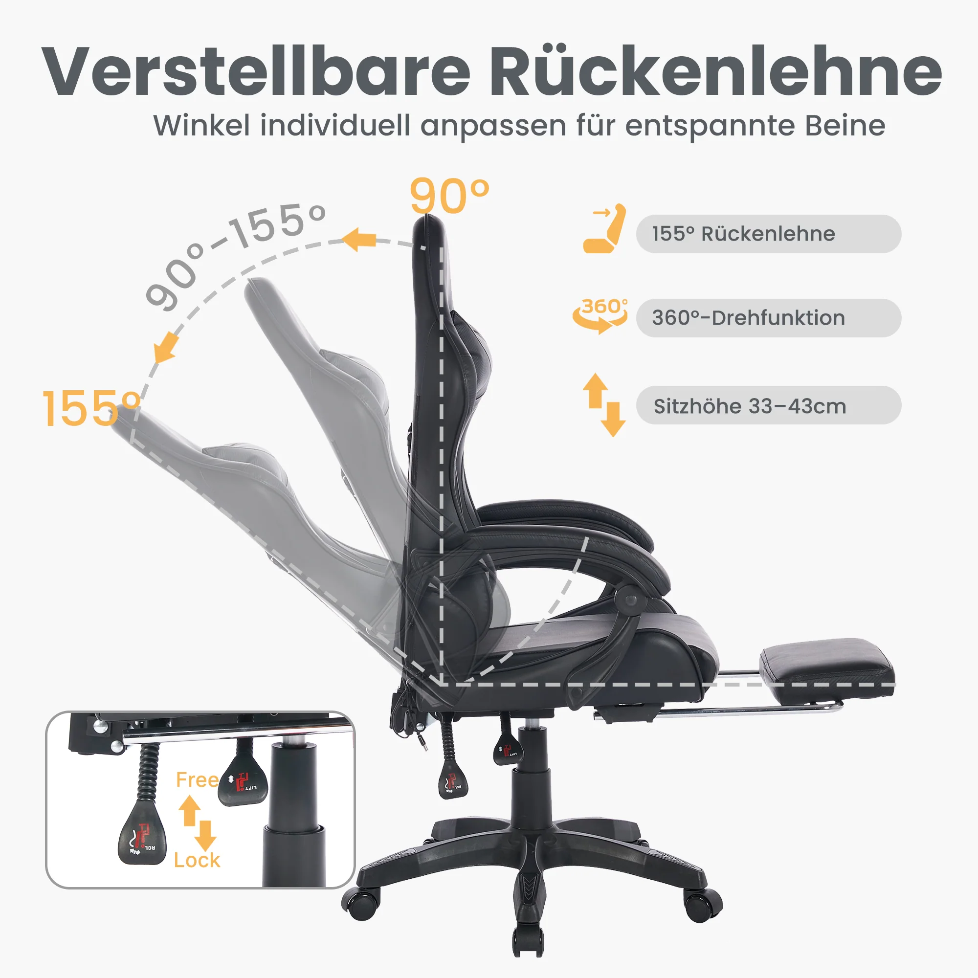 Gaming Chair Ergonomic Racing High-Back Swivel Adjustable Footrest Headrest Lumbar Support Leather Black - Image 3