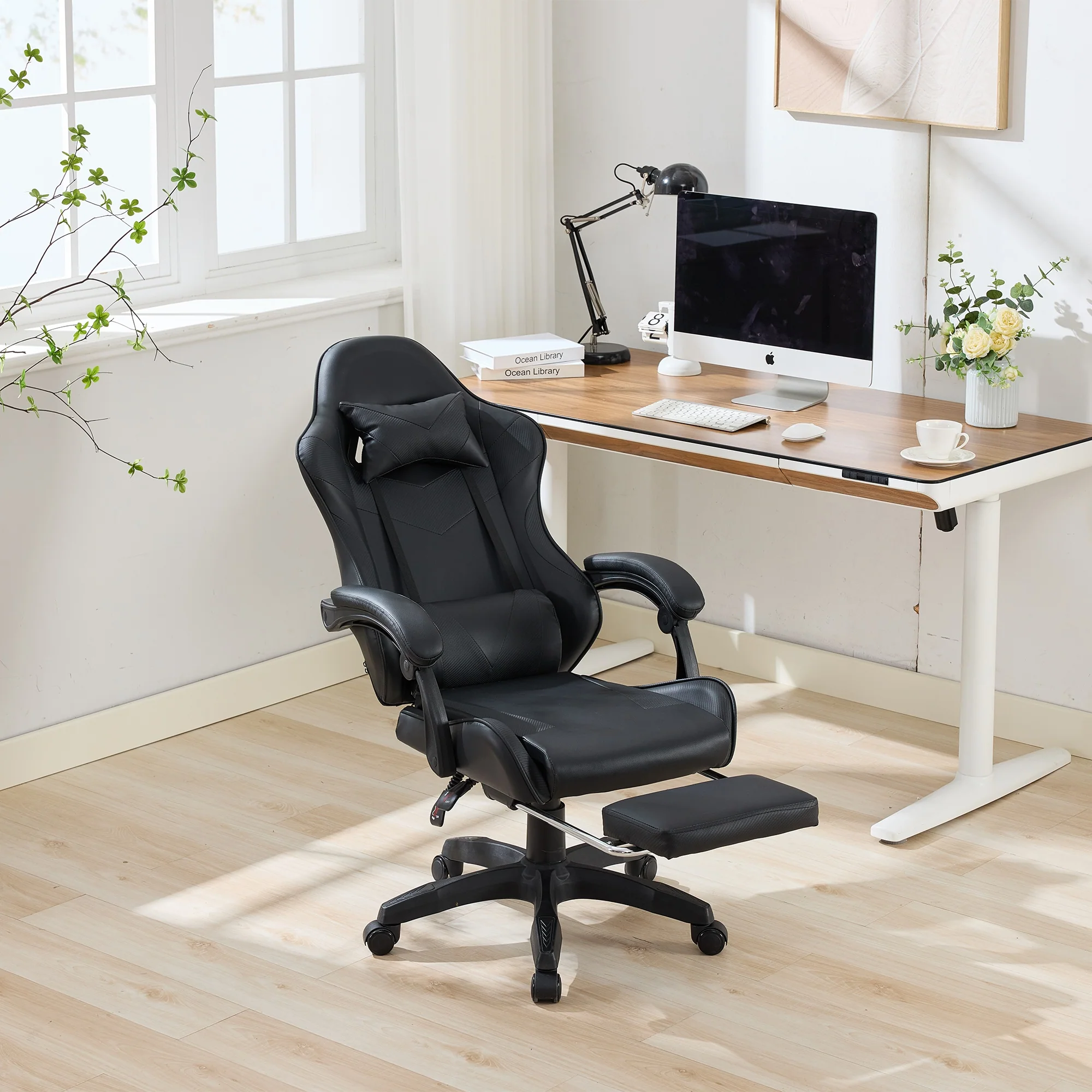 Gaming Chair Ergonomic Racing High-Back Swivel Adjustable Footrest Headrest Lumbar Support Leather Black - Image 6