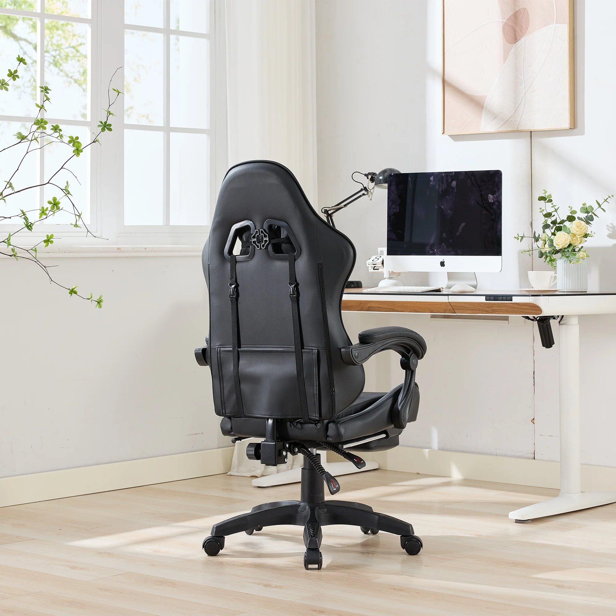 Gaming Chair Ergonomic Racing High-Back Swivel Adjustable Footrest Headrest Lumbar Support Leather Black - Image 7