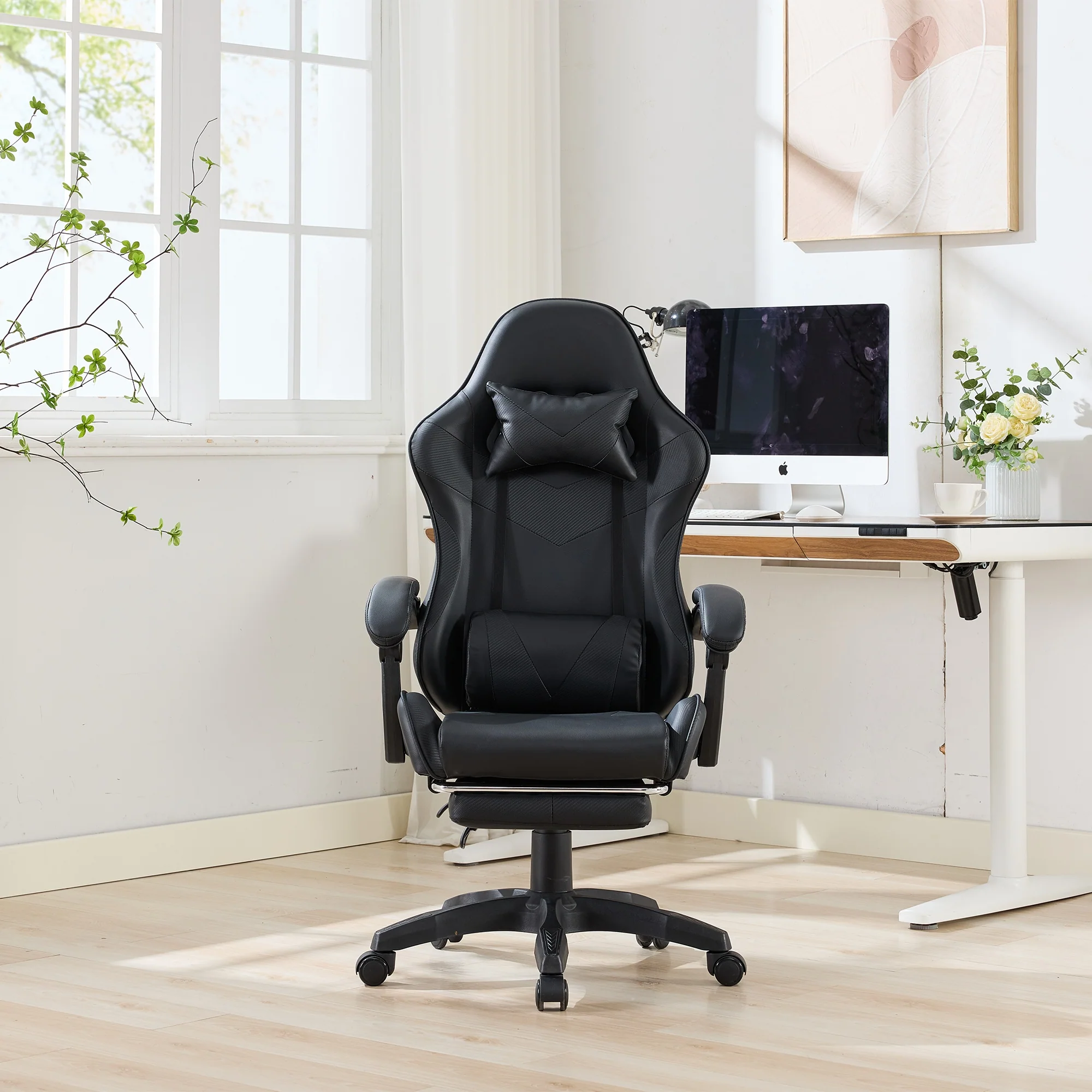 Gaming Chair Ergonomic Racing High-Back Swivel Adjustable Footrest Headrest Lumbar Support Leather Black - Image 9