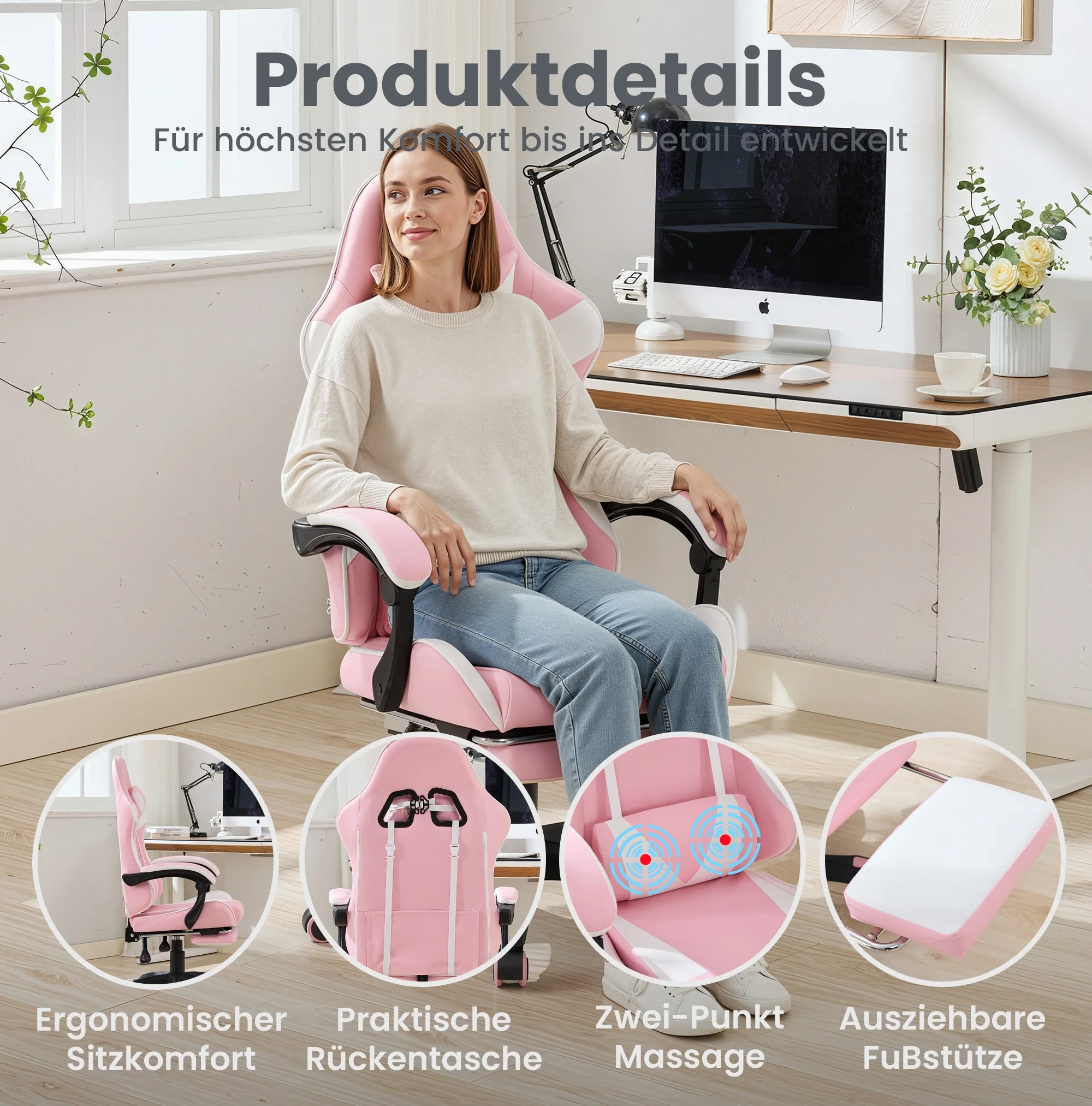 Gaming Chair Ergonomic Racing High-Back Swivel with Footrest & Lumbar Support Leather White & Pink - Image 2