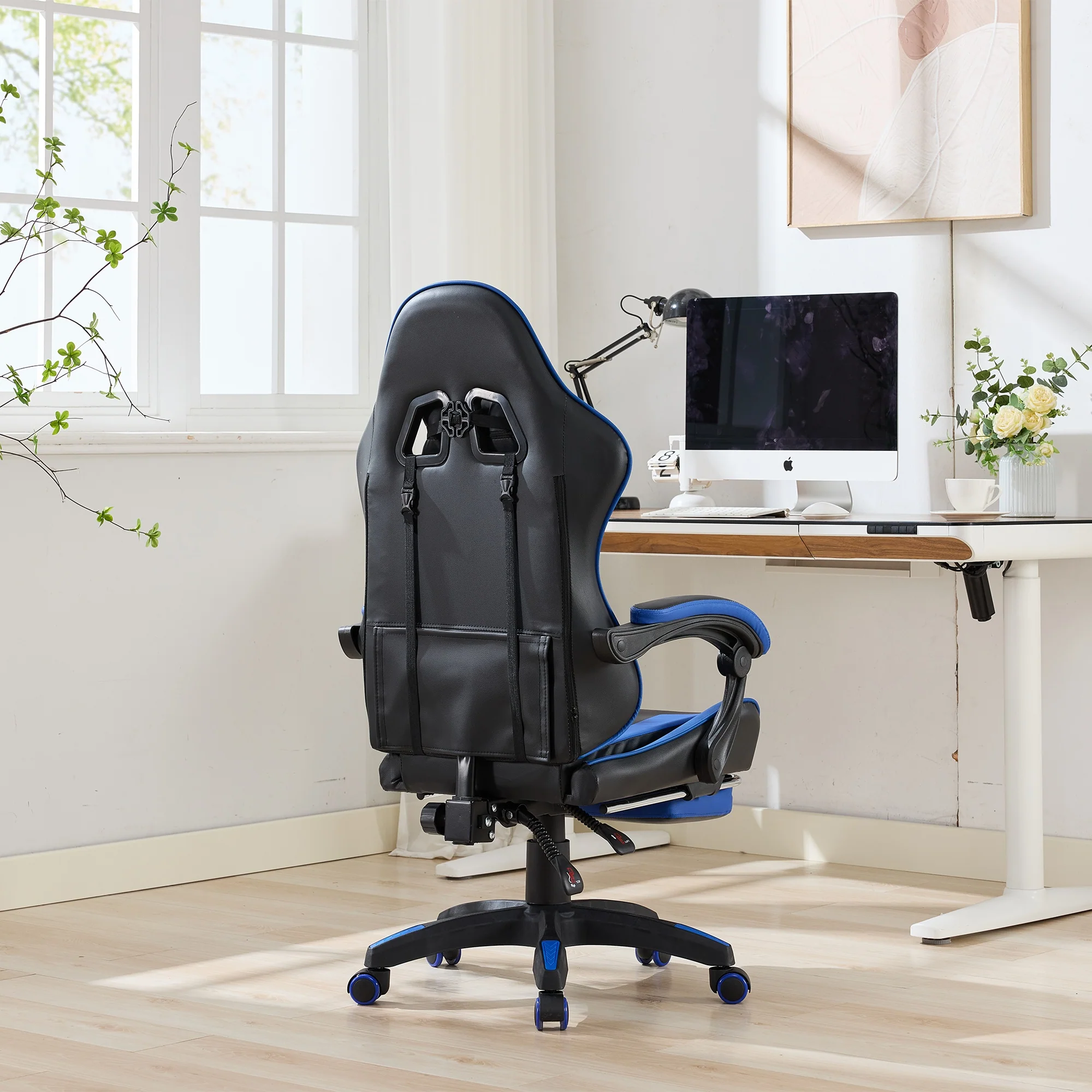 Gaming Chair Ergonomic Racing High-Back with Footrest Headrest Lumbar Support - Black & Blue Leather - Image 10
