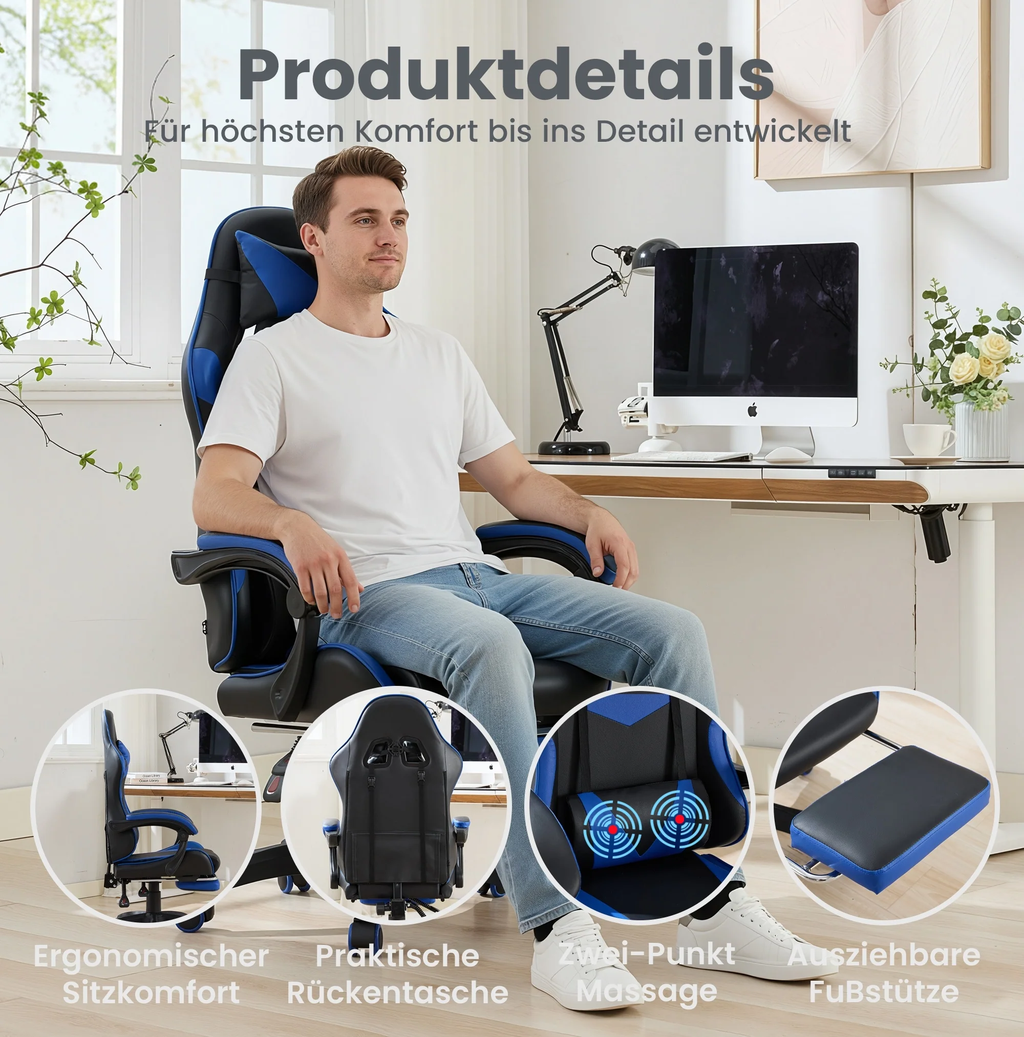 Gaming Chair Ergonomic Racing High-Back with Footrest Headrest Lumbar Support - Black & Blue Leather - Image 2