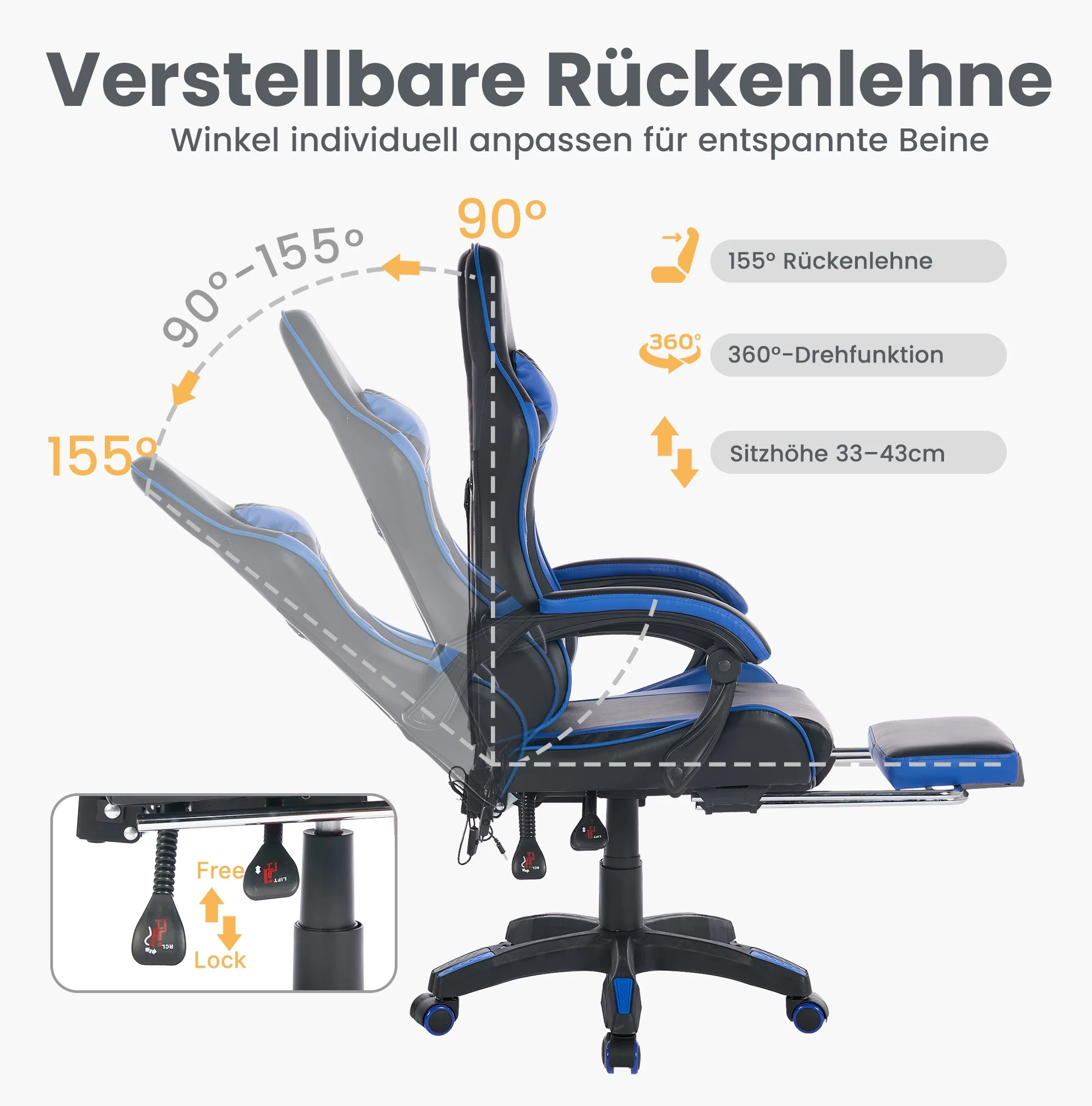 Gaming Chair Ergonomic Racing High-Back with Footrest Headrest Lumbar Support - Black & Blue Leather - Image 3
