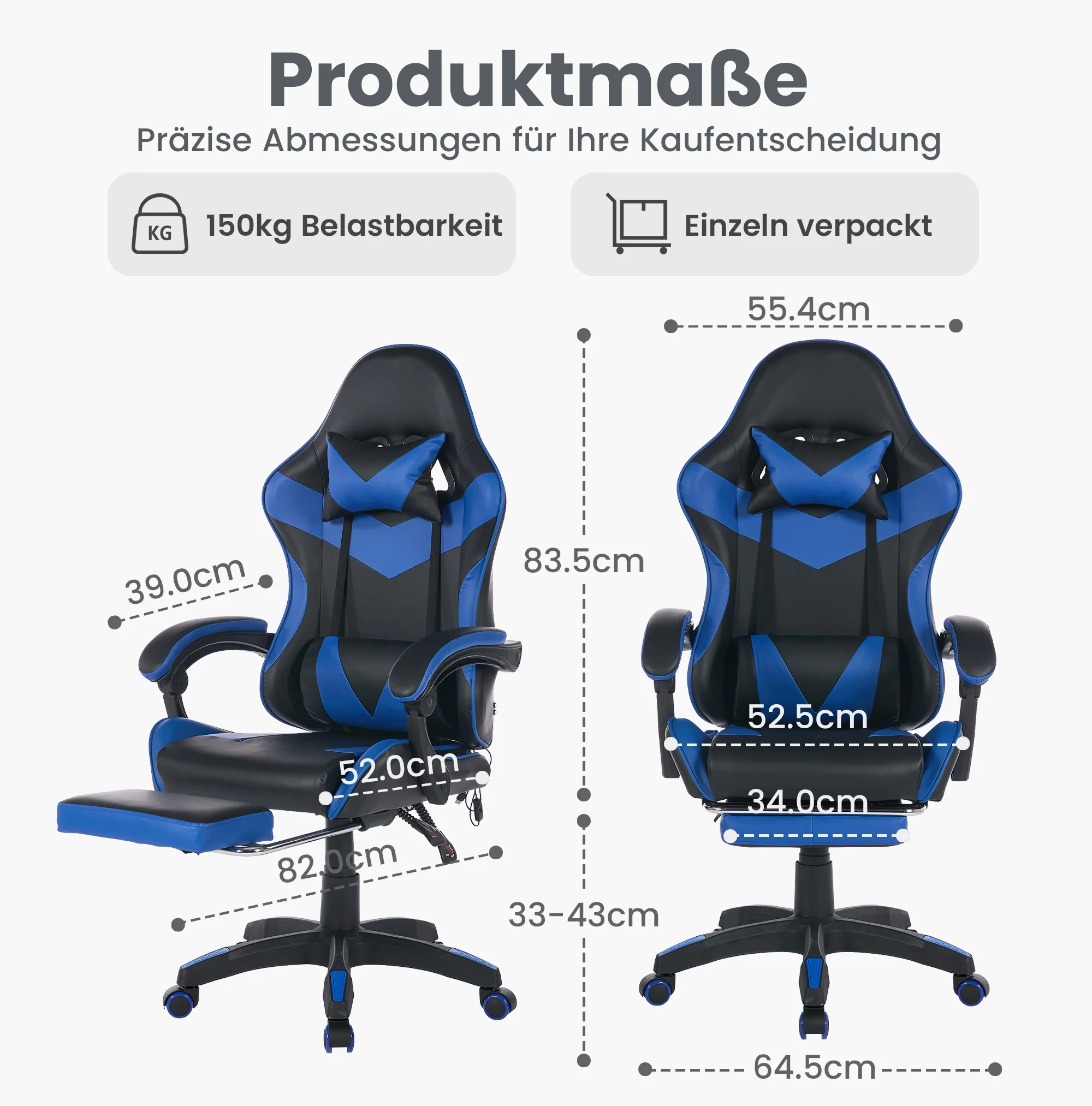 Gaming Chair Ergonomic Racing High-Back with Footrest Headrest Lumbar Support - Black & Blue Leather - Image 5