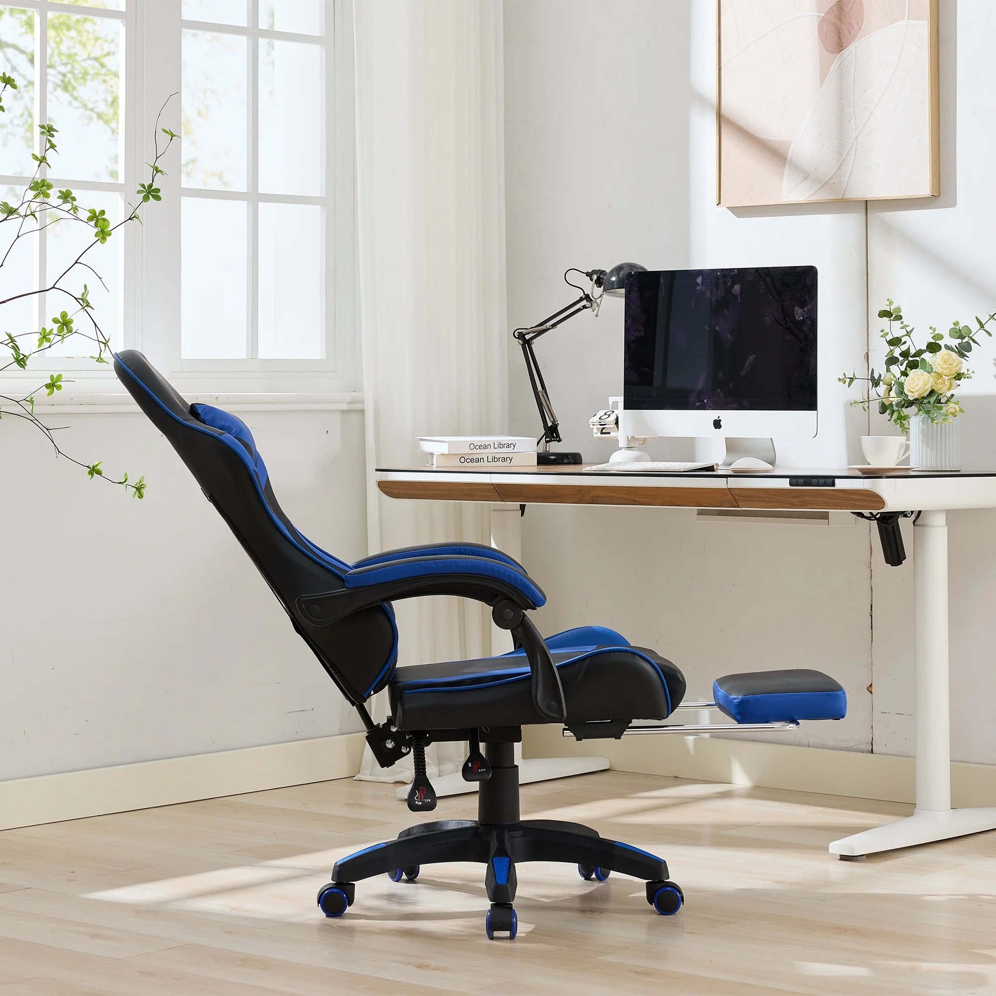 Gaming Chair Ergonomic Racing High-Back with Footrest Headrest Lumbar Support - Black & Blue Leather - Image 6