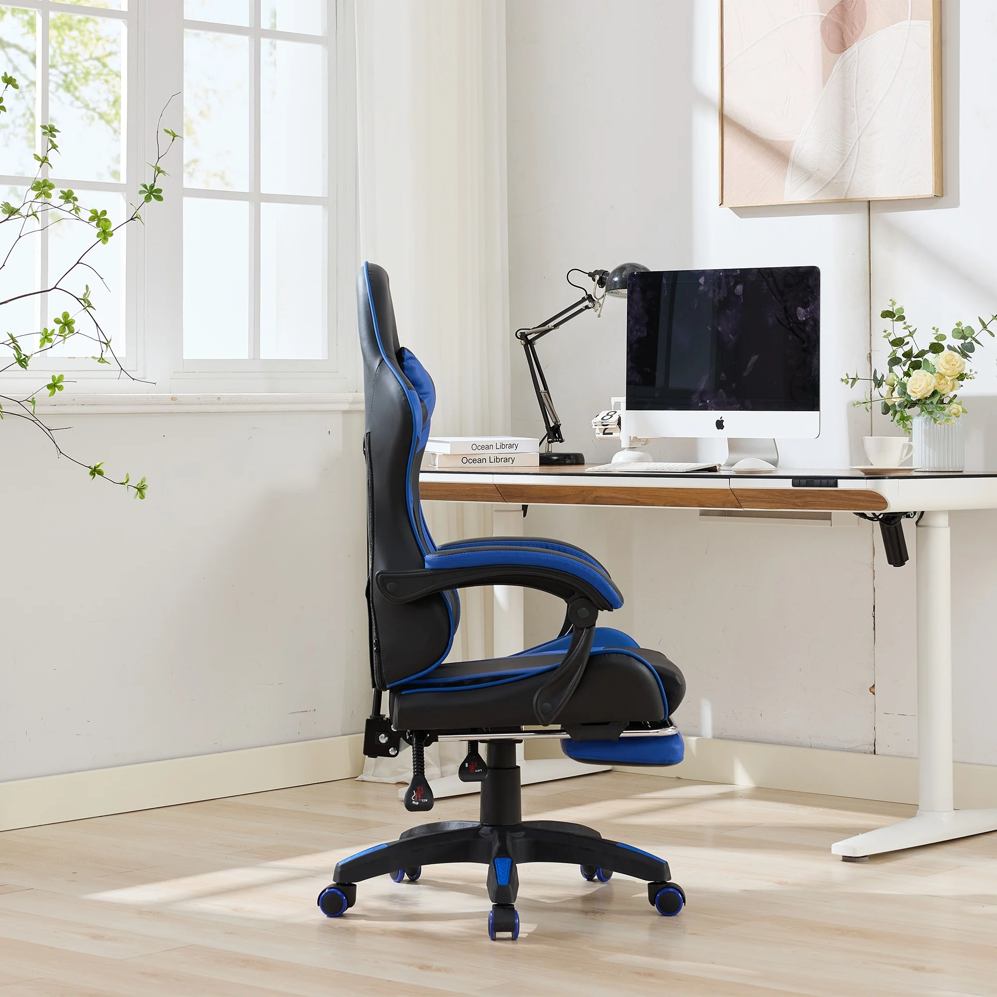 Gaming Chair Ergonomic Racing High-Back with Footrest Headrest Lumbar Support - Black & Blue Leather - Image 7