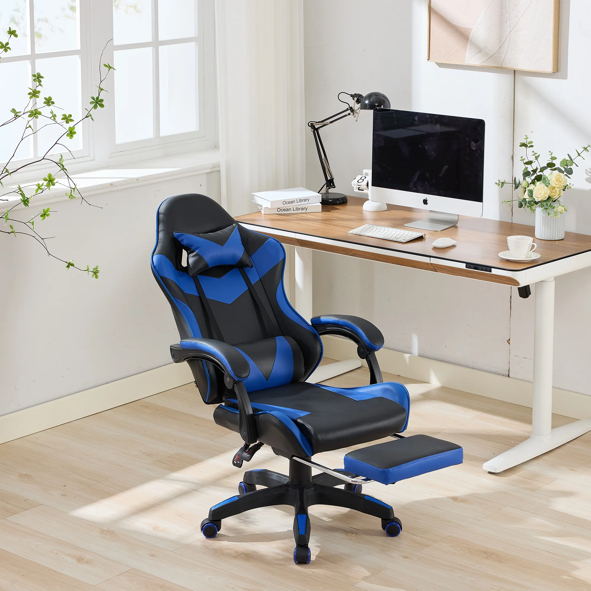 Gaming Chair Ergonomic Racing High-Back with Footrest Headrest Lumbar Support - Black & Blue Leather - Image 8