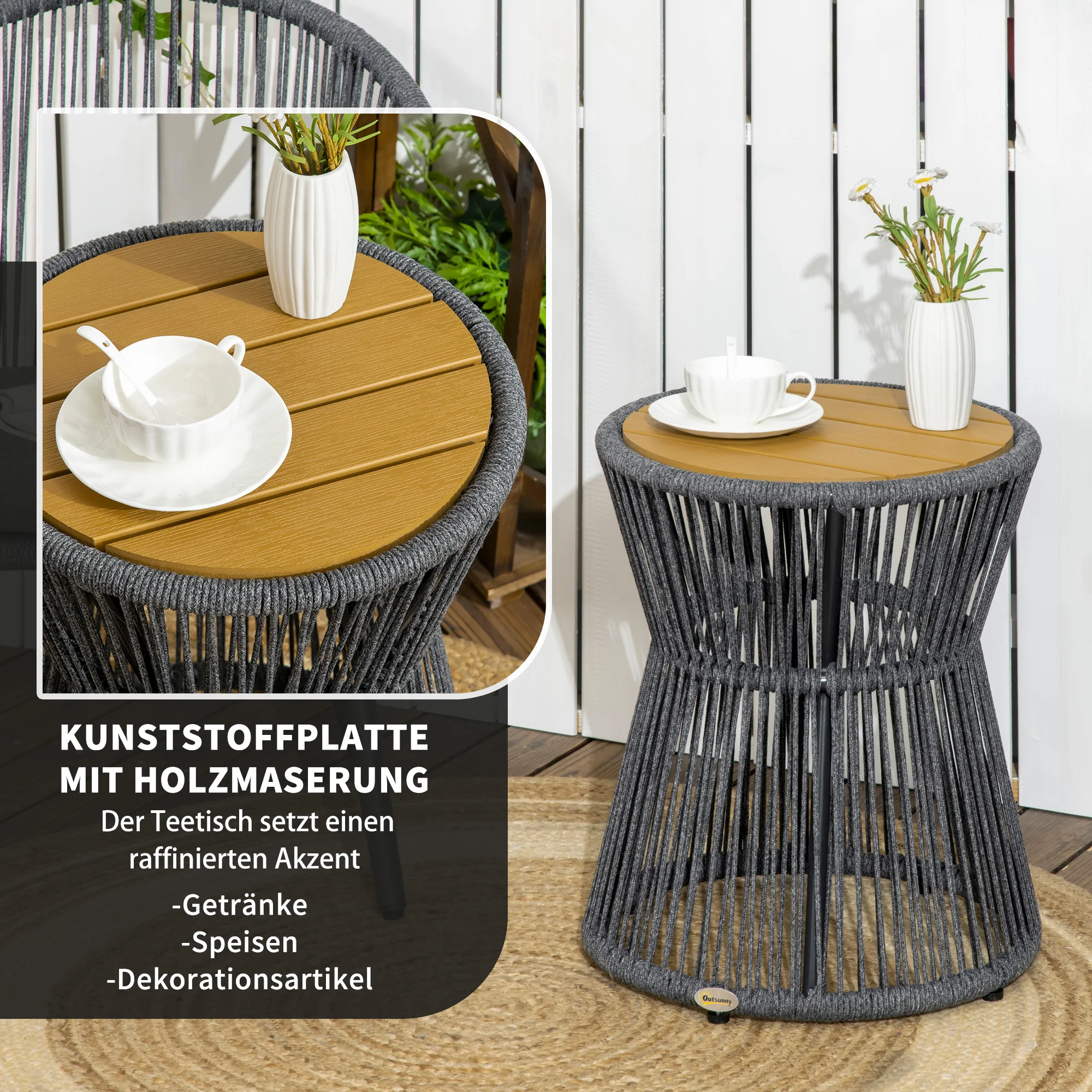 Garden/Bistro/Coffee Table, Adjustable Feet, Plastic Tabletop, Dark Grey + Natural - Image 4