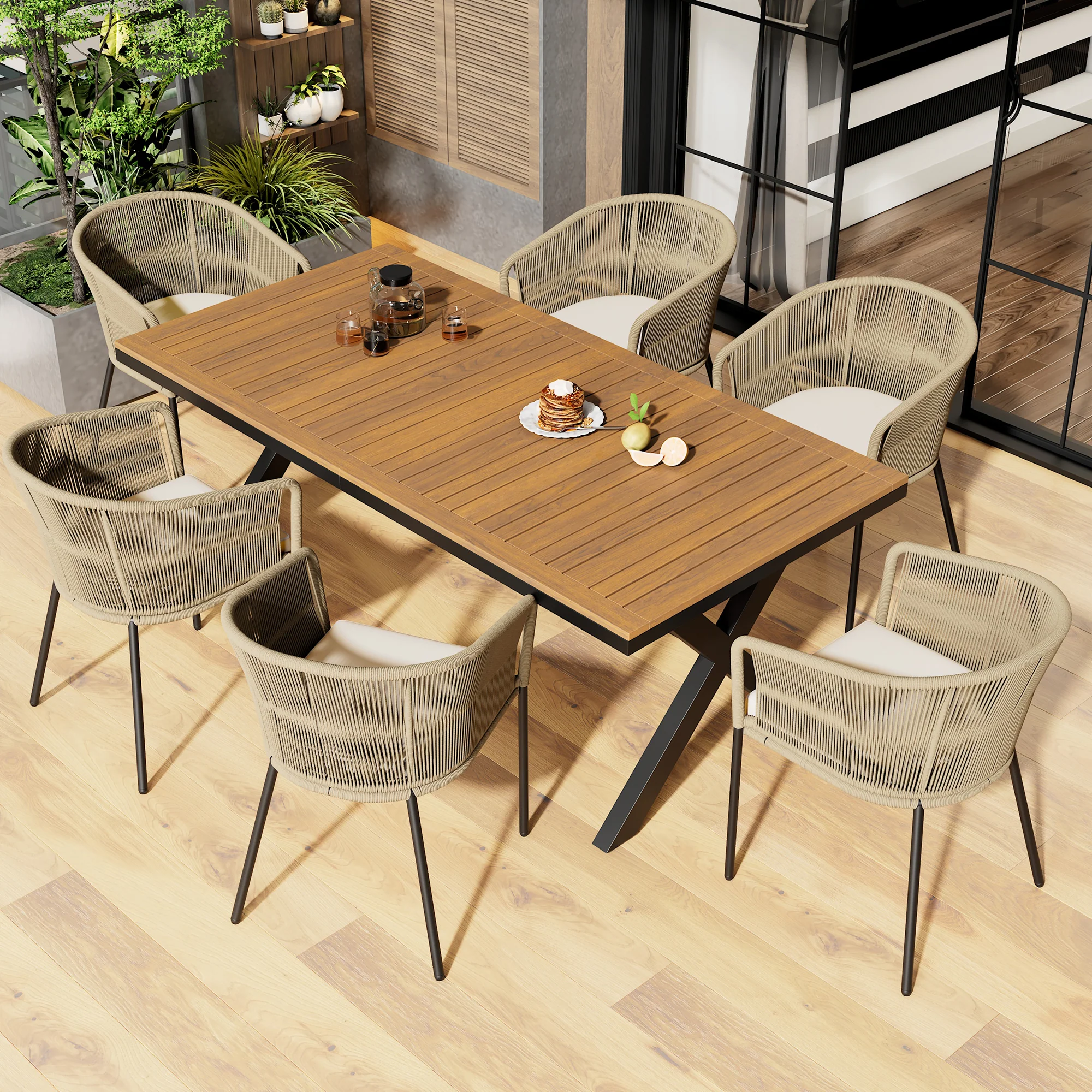 Garden Dining Set 7-Piece 6 Rope Armchairs Acacia Wood Table - Image 2