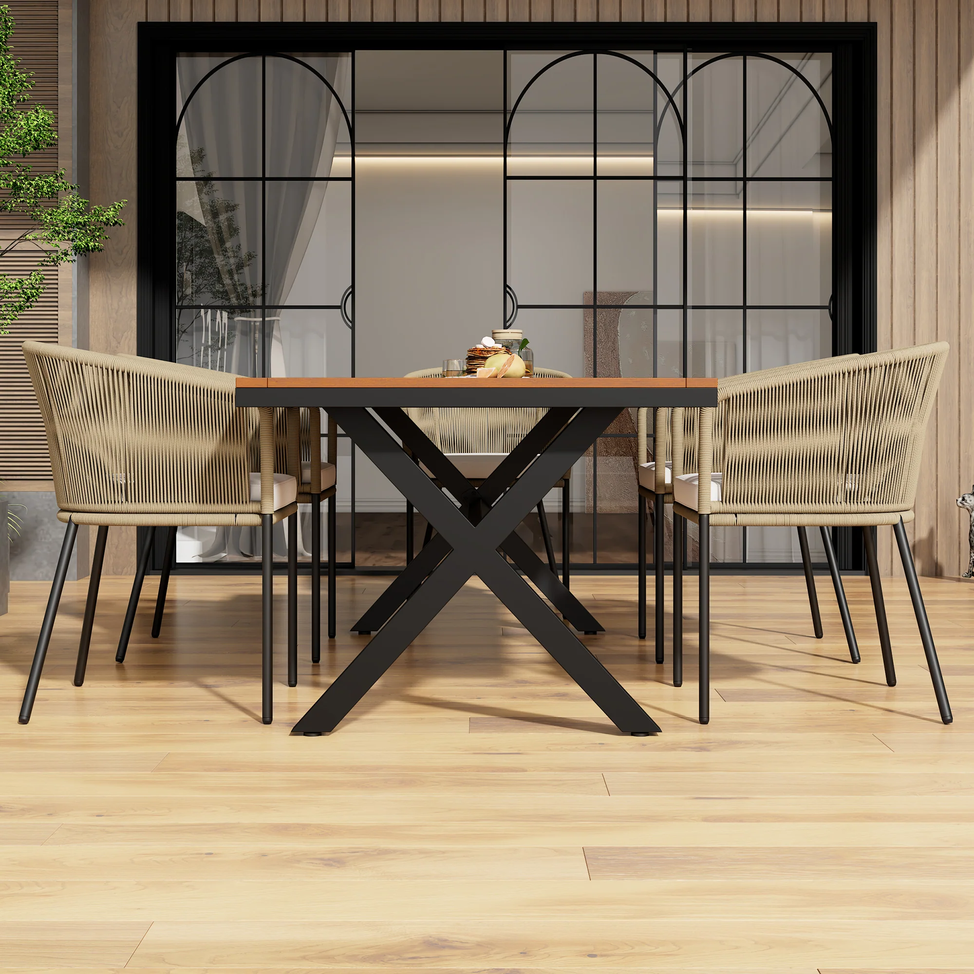Garden Dining Set 7-Piece 6 Rope Armchairs Acacia Wood Table - Image 3