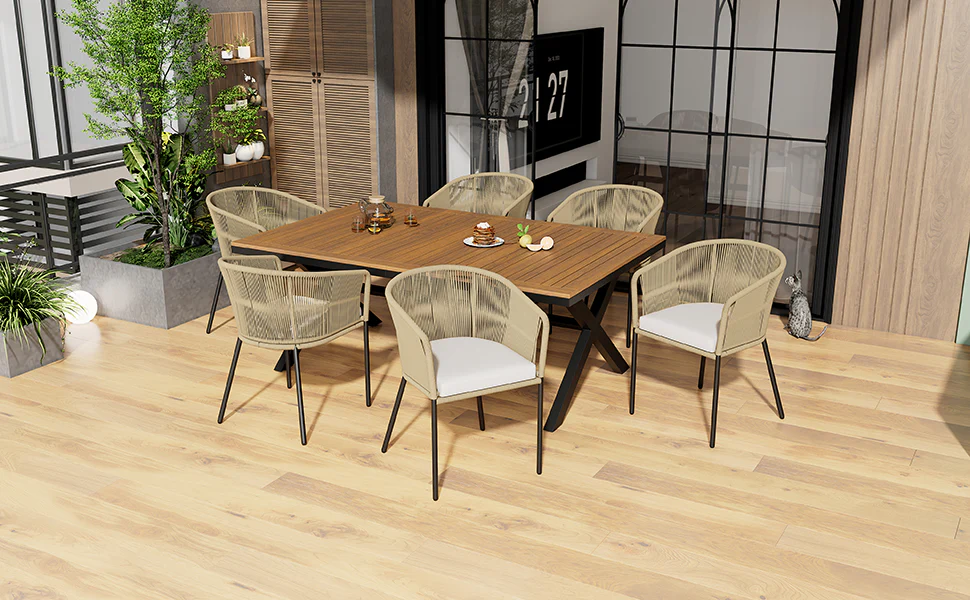 Garden Dining Set 7-Piece 6 Rope Armchairs Acacia Wood Table - Image 4