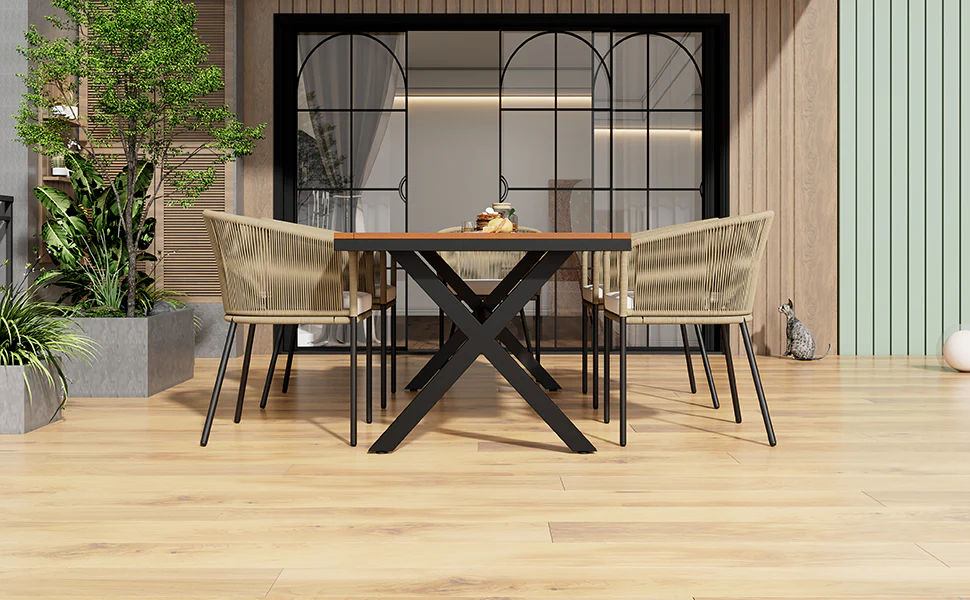 Garden Dining Set 7-Piece 6 Rope Armchairs Acacia Wood Table - Image 5