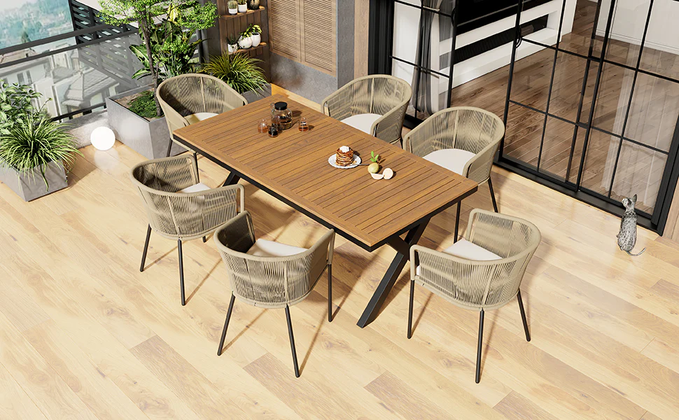Garden Dining Set 7-Piece 6 Rope Armchairs Acacia Wood Table - Image 6