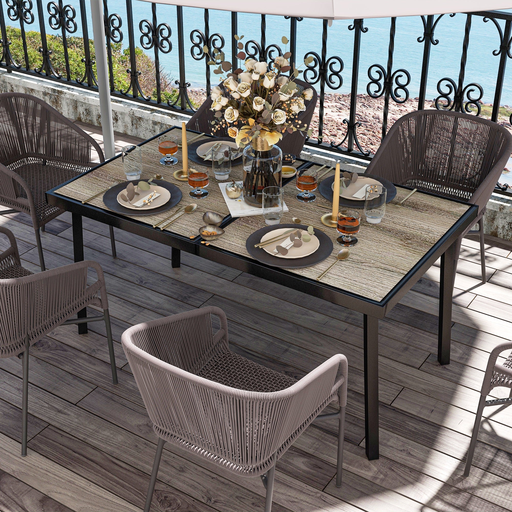 Garden Dining Table 145x85cm 6-Seater Wood Look Steel Frame, Grey - Image 2