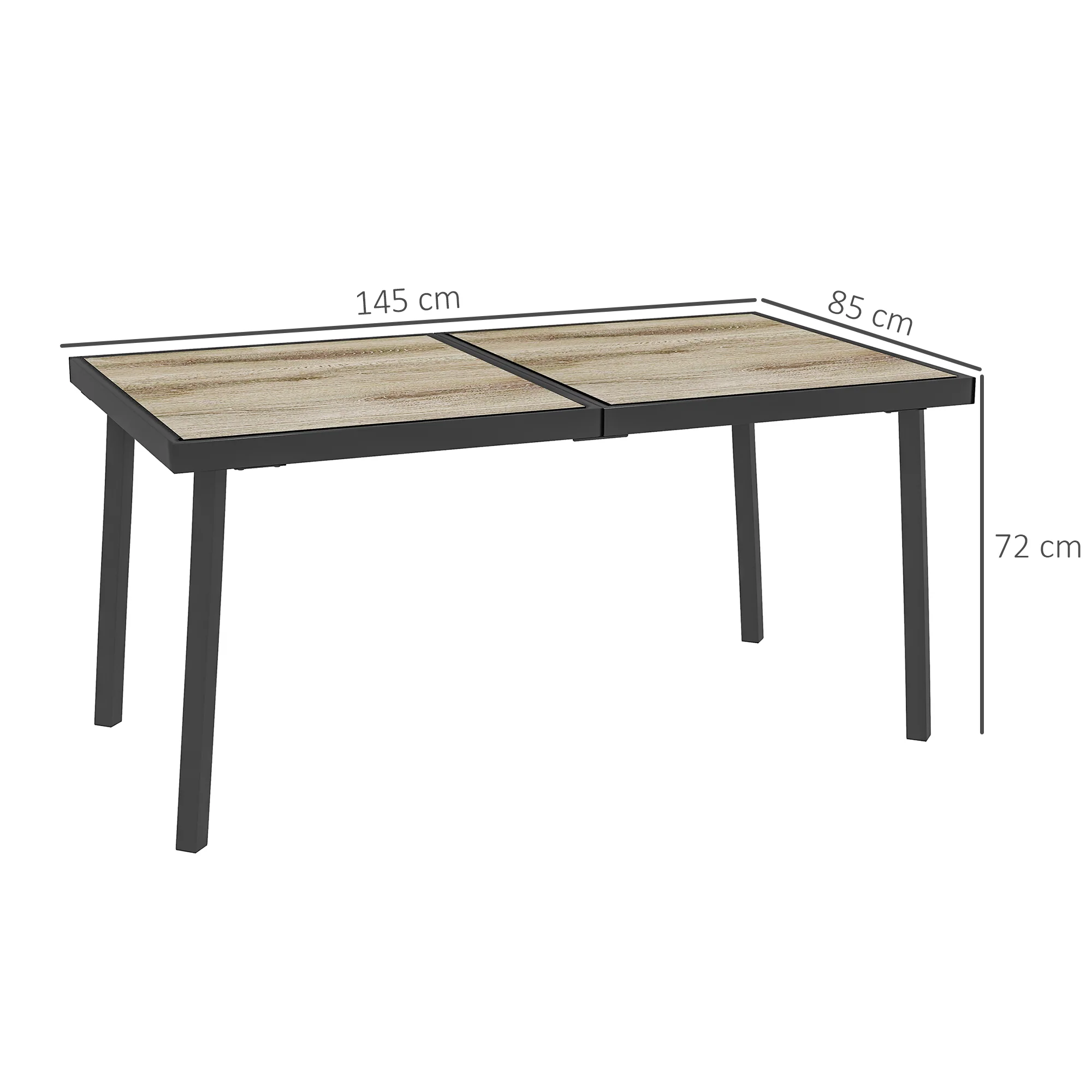 Garden Dining Table 145x85cm 6-Seater Wood Look Steel Frame, Grey - Image 3