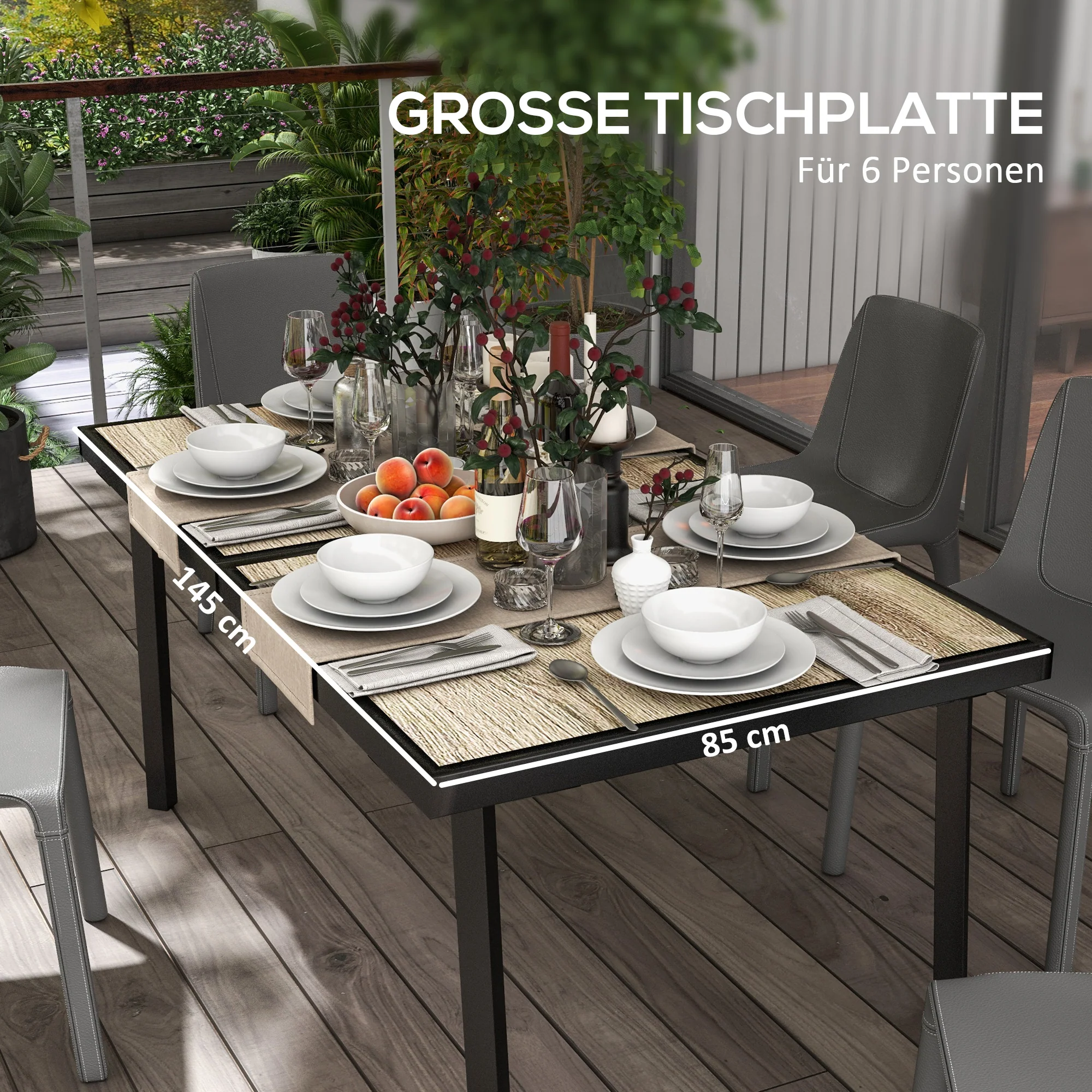 Garden Dining Table 145x85cm 6-Seater Wood Look Steel Frame, Grey - Image 6