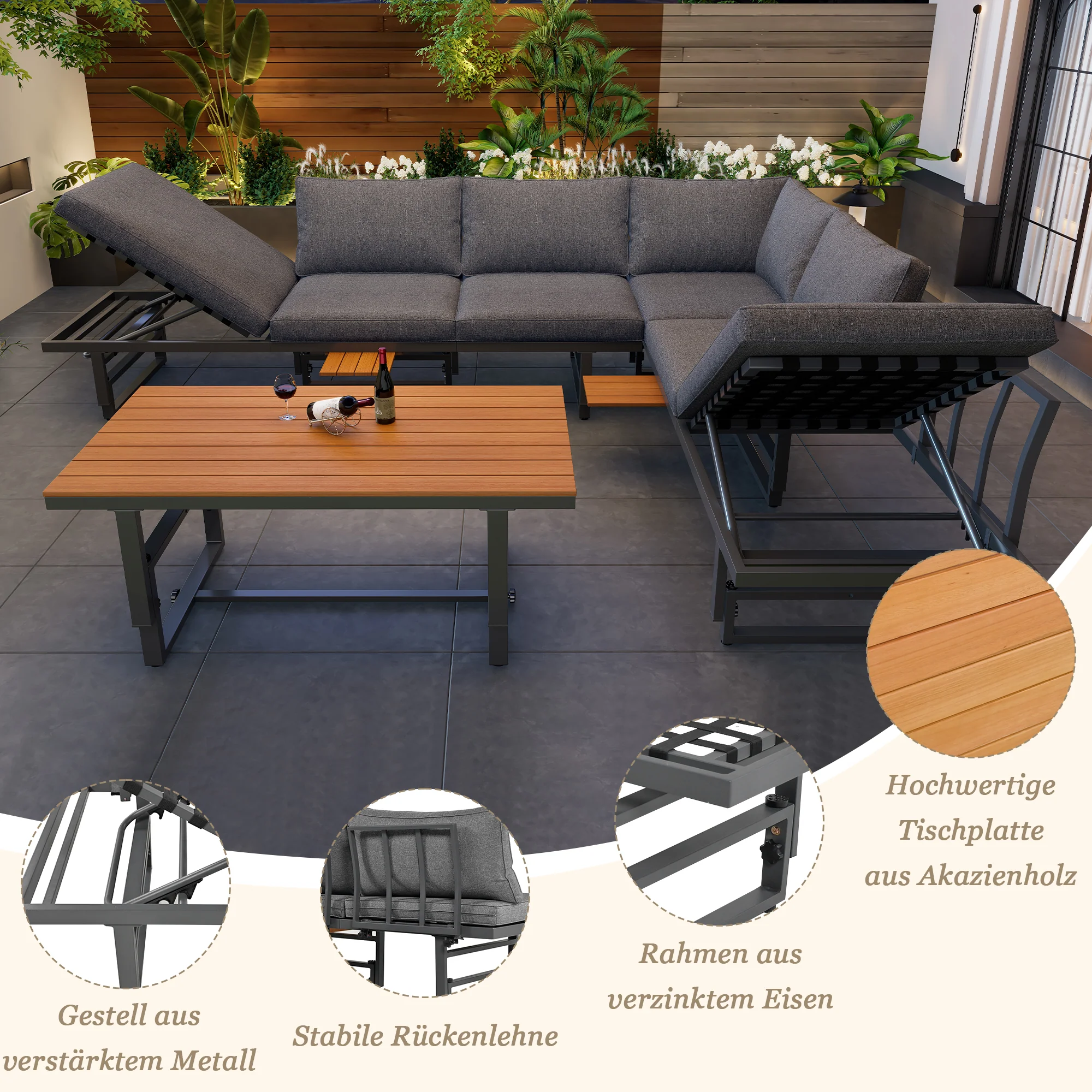 Garden Furniture Set 3-Piece 2 Sofas Table Adjustable Backrest Acacia Wood Grey - Image 10